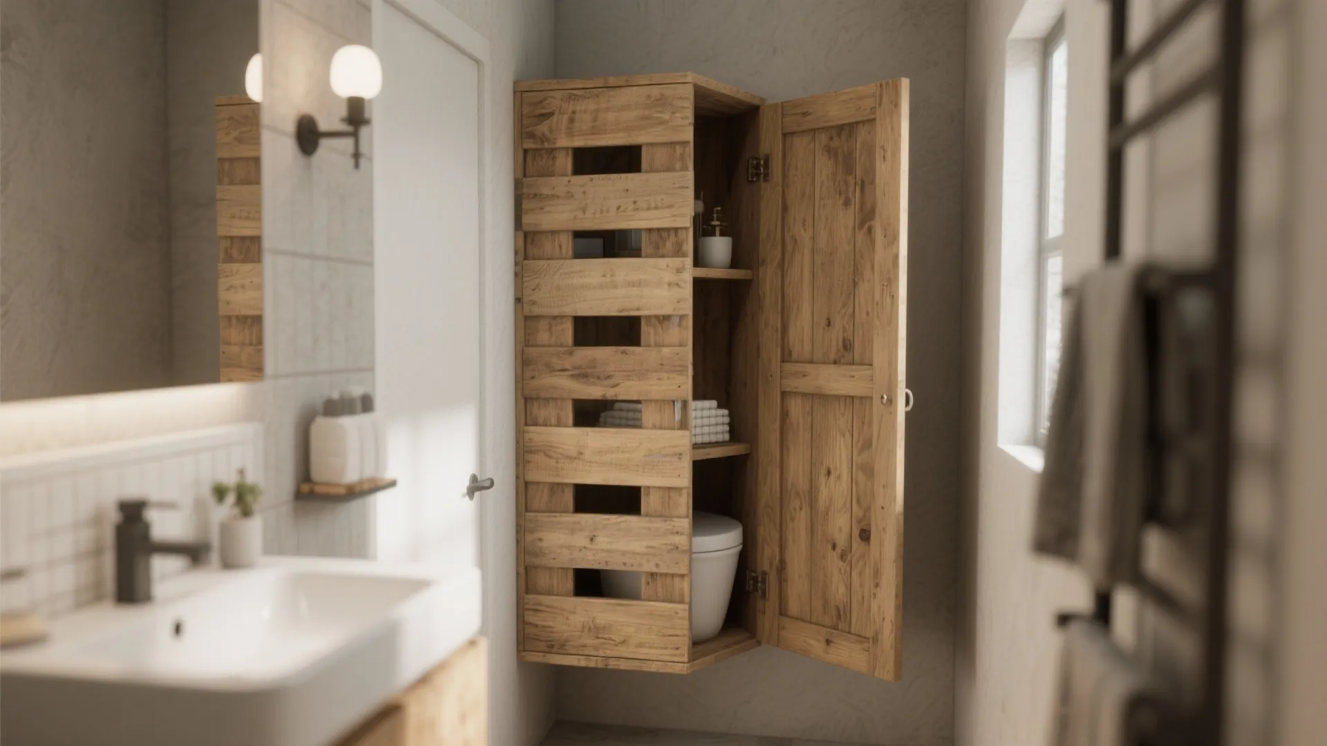 Slim pallet wood cabinet in a small rustic bathroom