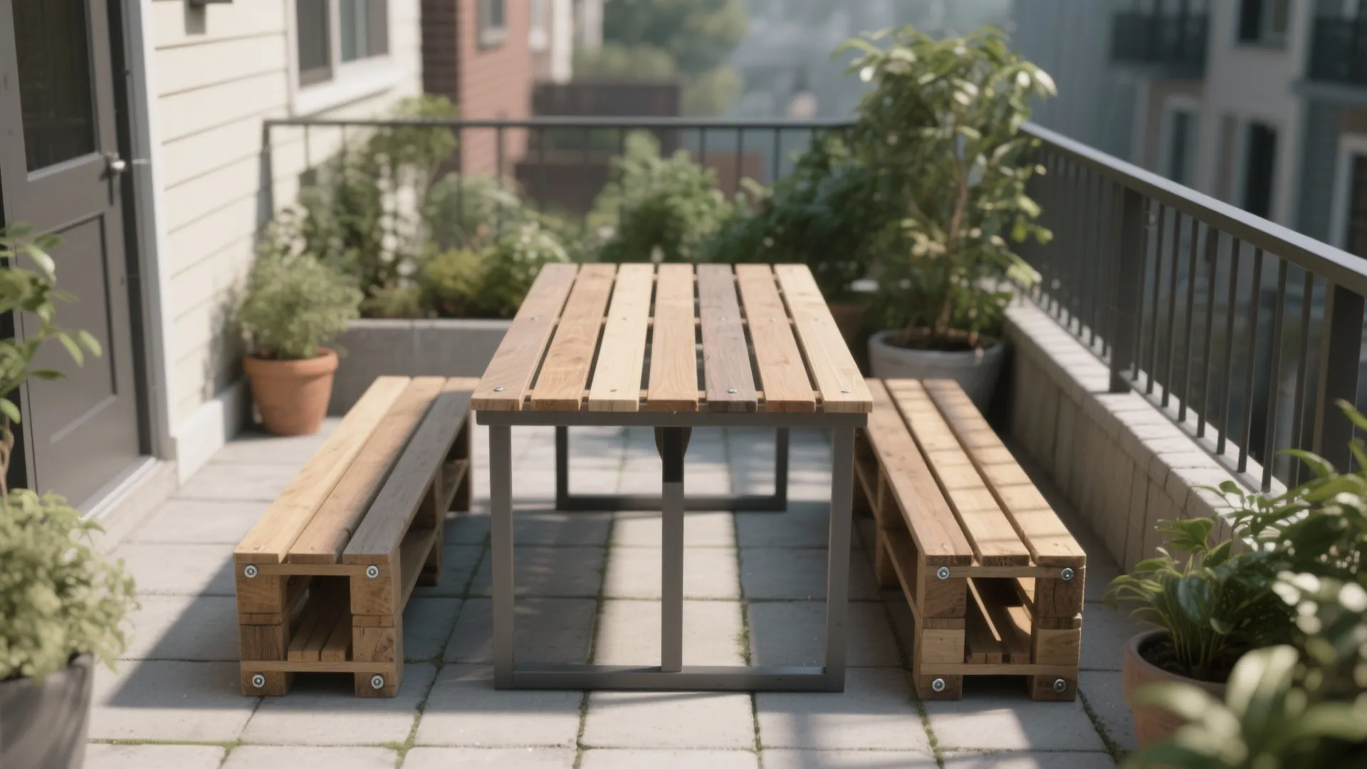 Modern outdoor wooden dining table and bench set placed on a balcony with green plants