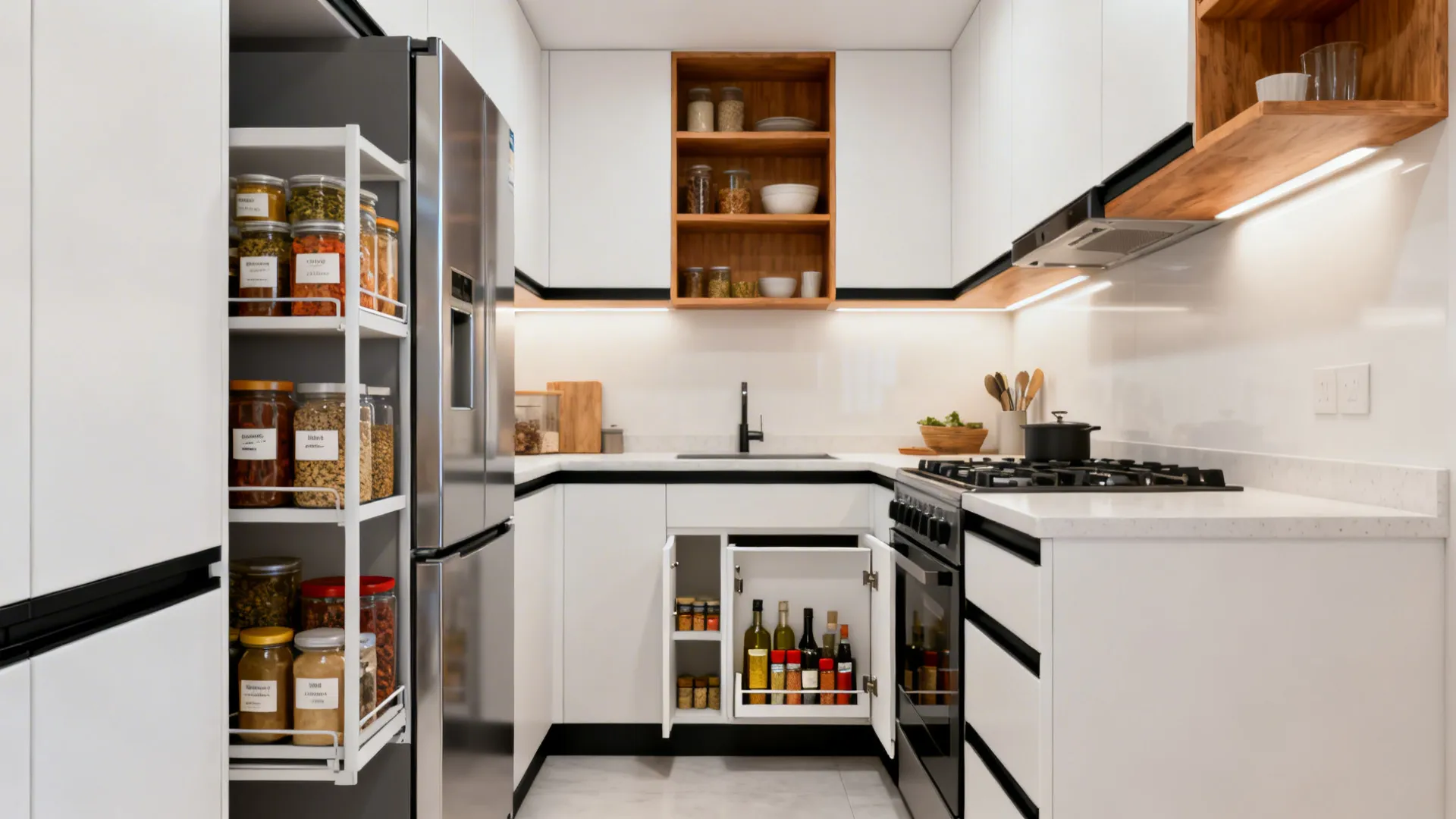 Small U-shaped kitchen showing a tall pull-out pantry, shallow pocket-door pantry, and corner storage.