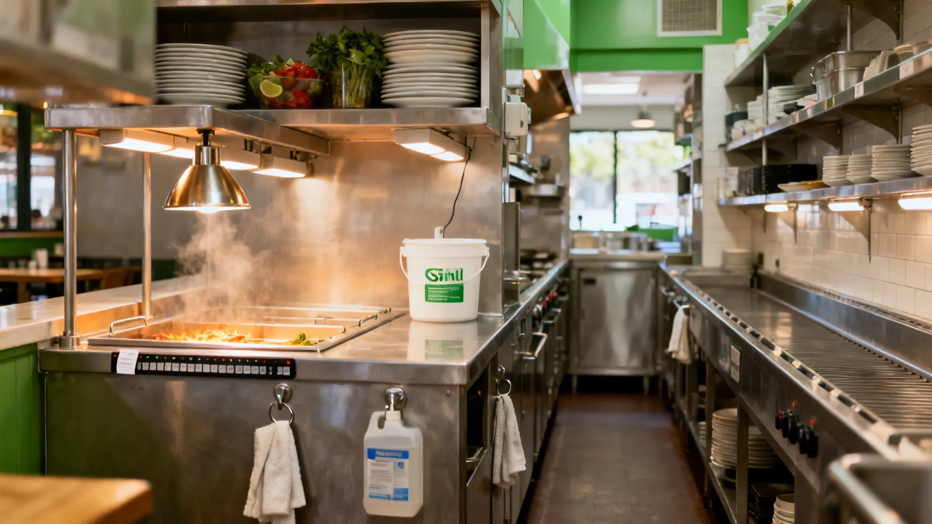 Compact restaurant pass with heat lamps, ticket rail, shallow shelves, and a separate dish drop lane.