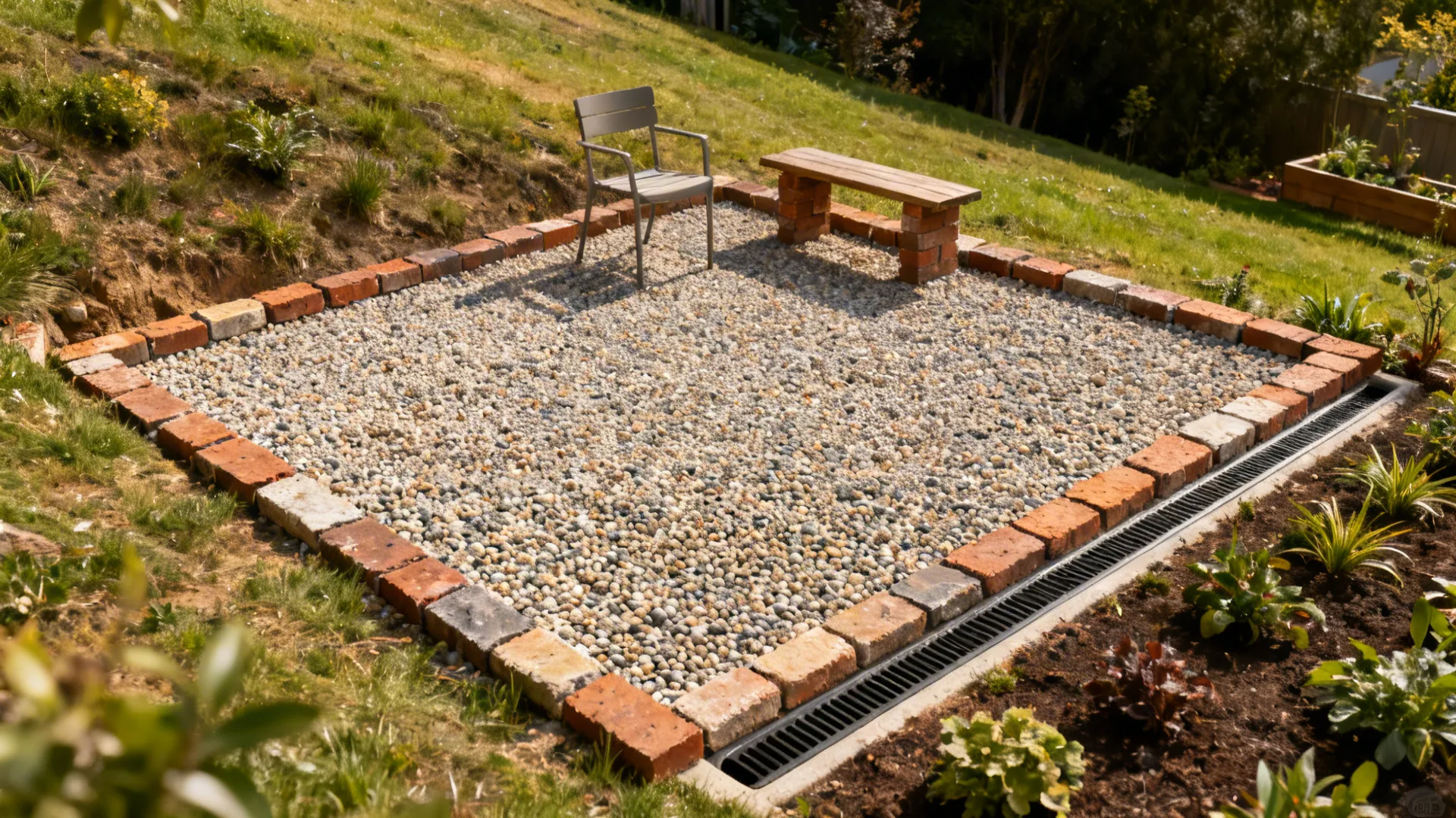Small pea-gravel patio edged with salvaged bricks at the low point of a sloped backyard