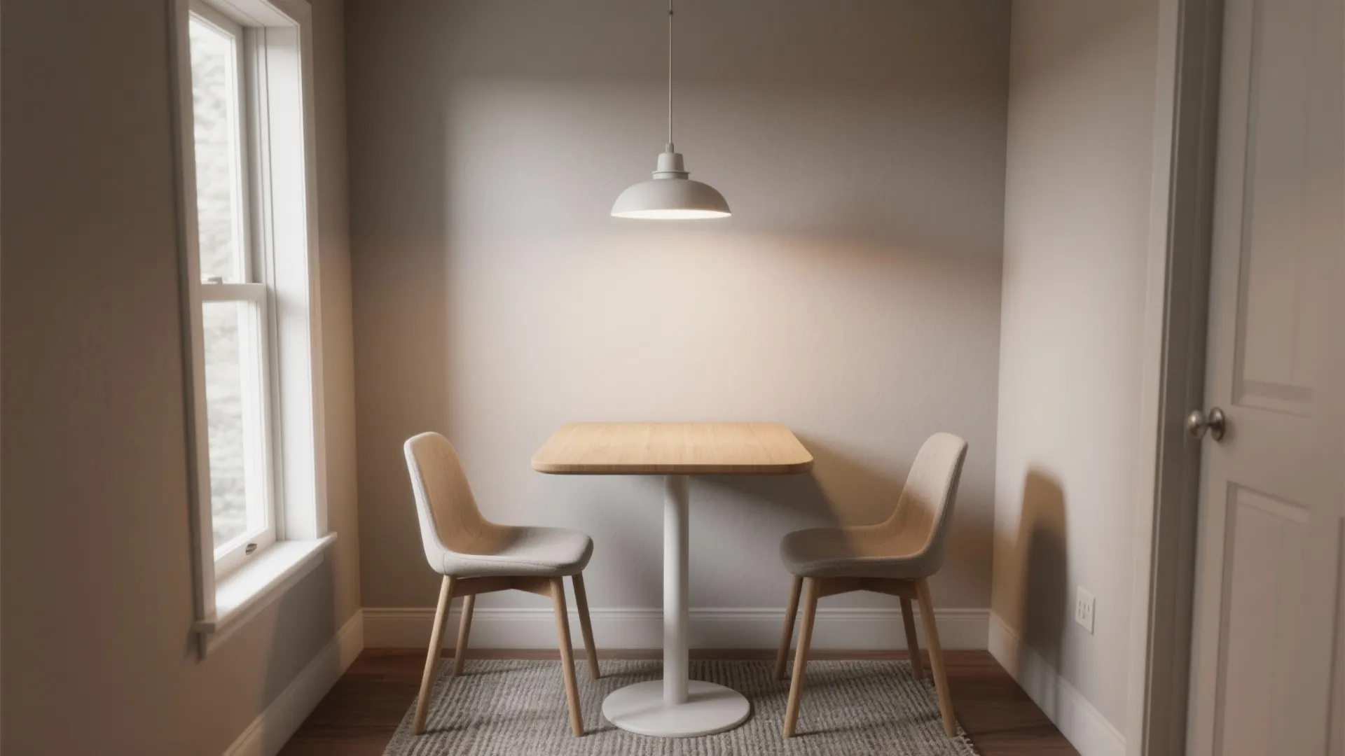 Small wooden dining table with two grey chairs under a white ceiling light near window