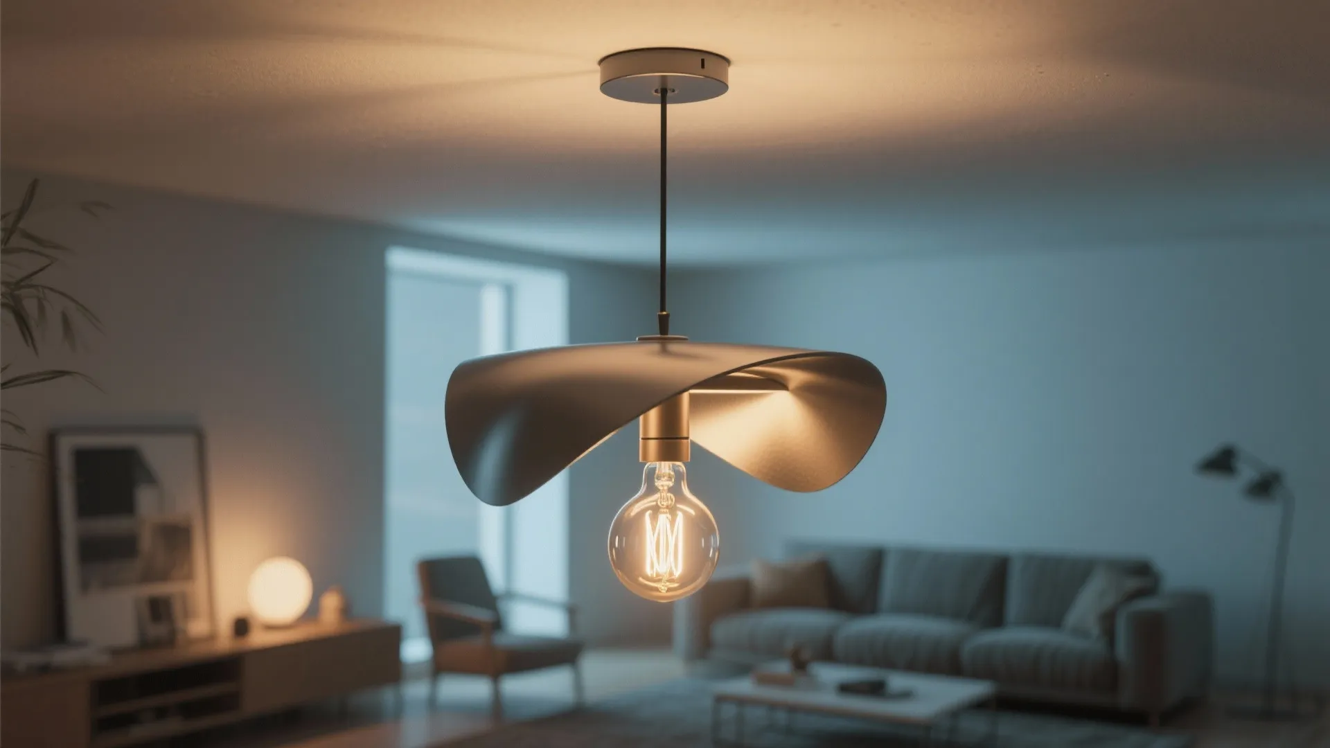 Sculptural compact pendant light with warm filament glow suited for low ceilings in small rooms.