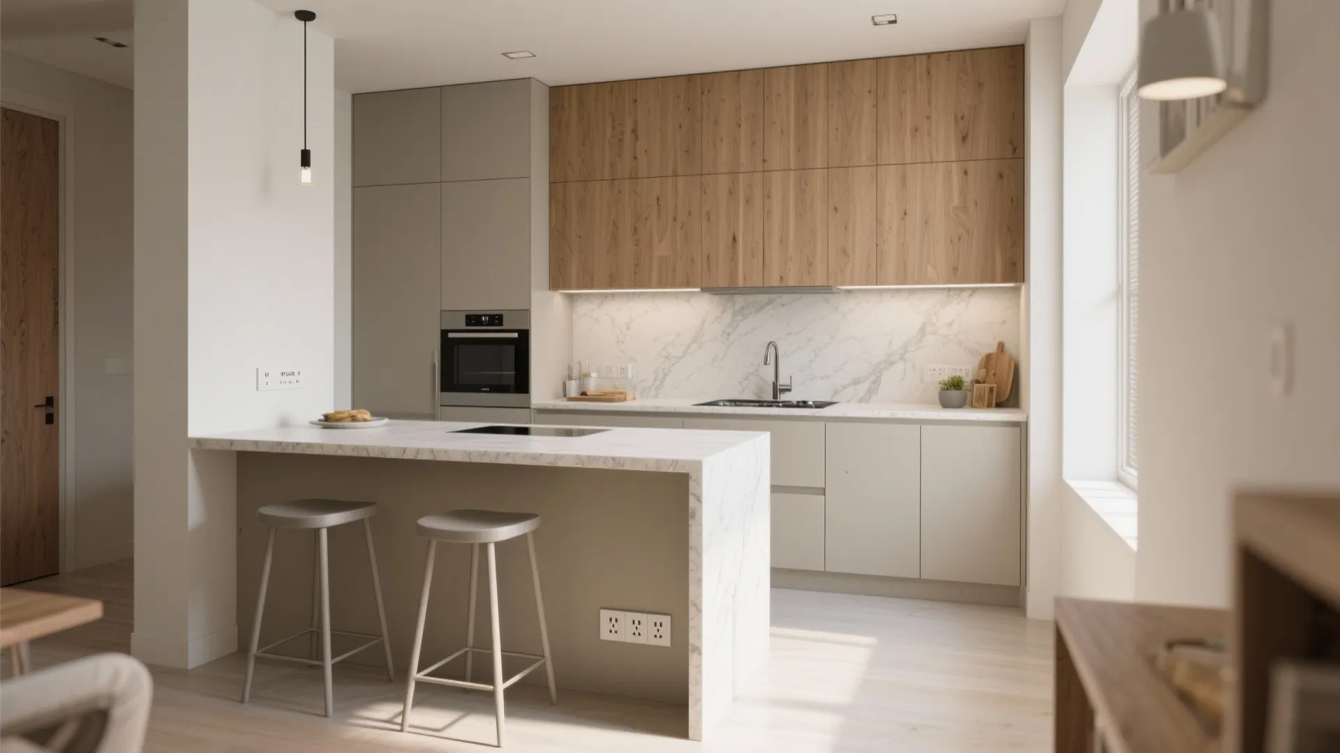 Compact peninsula for dine-in and prep