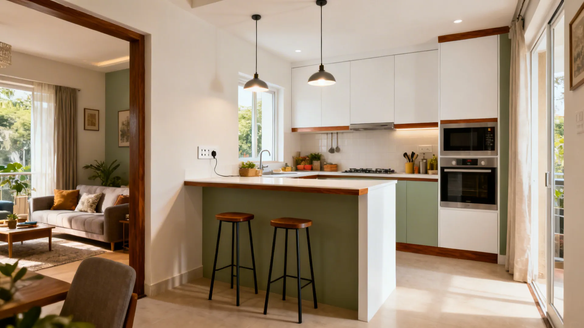 Small kitchen peninsula with two stools, pendant lights, and clear circulation space.
