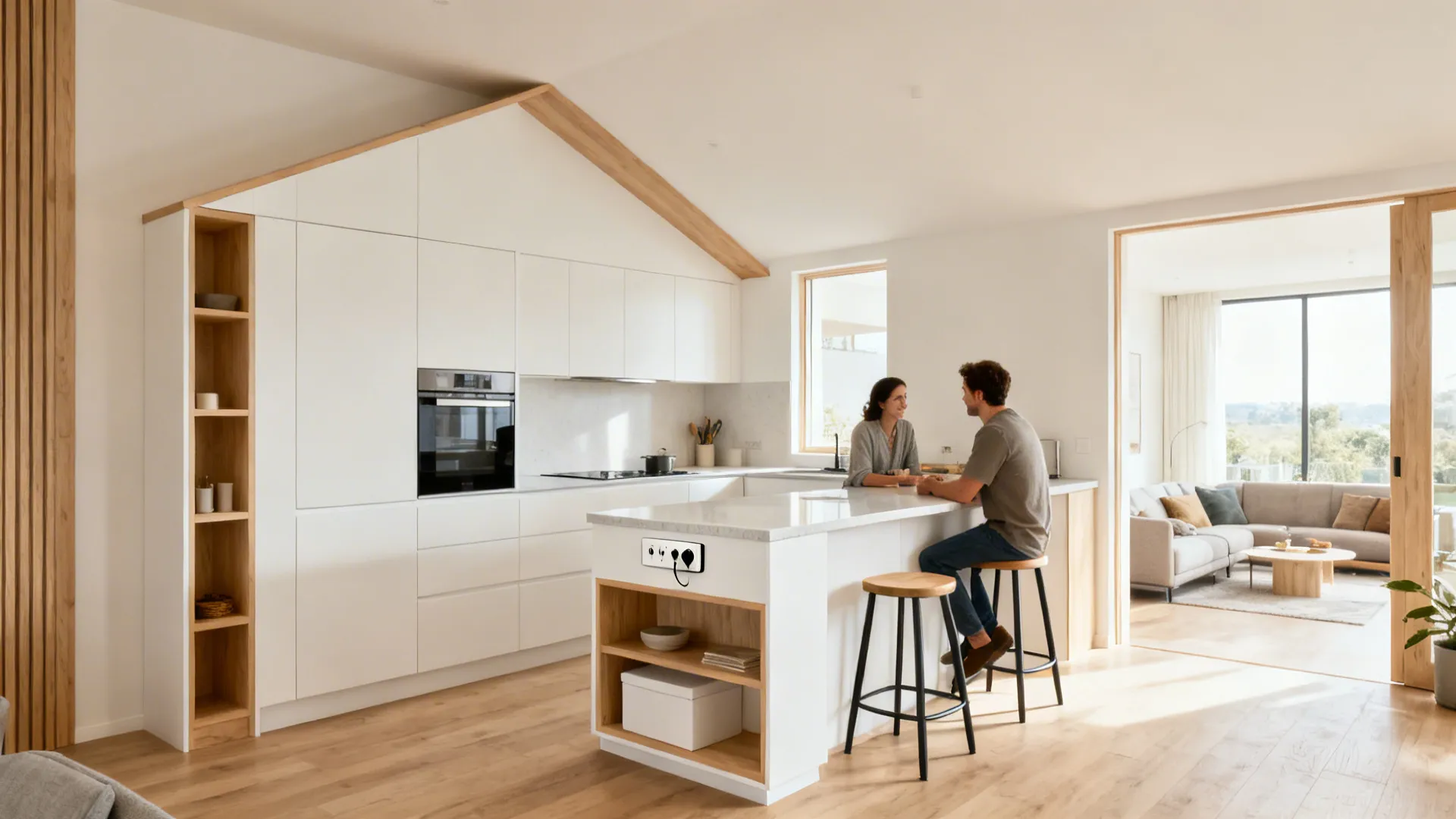 L-shaped kitchen with a slim micro-peninsula for two, ample clearances, and light 30 mm countertop with power outlet.