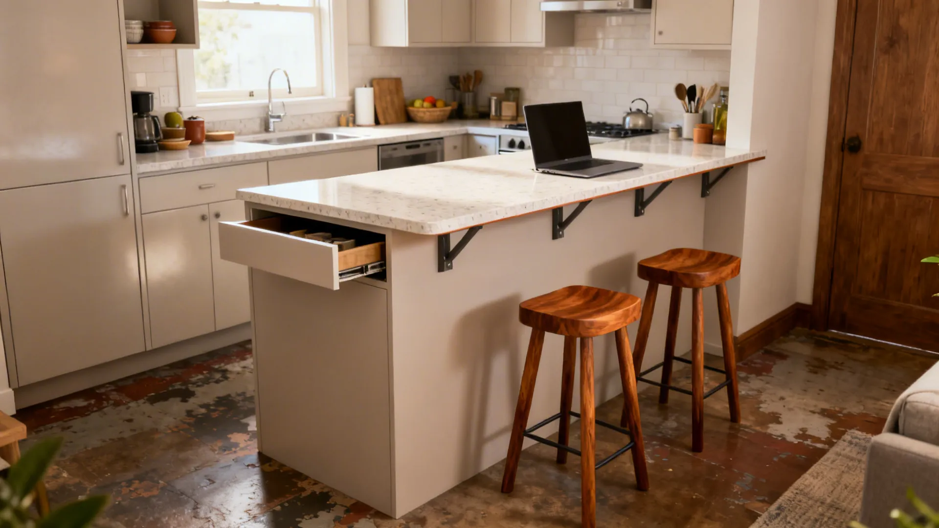 Small studio kitchen with a compact peninsula and 250mm overhang for seating and flexible use.