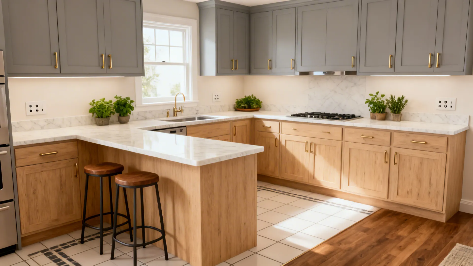 Modern kitchen with grey upper cabinets wooden lower cabinets white marble countertop and two wooden stools
