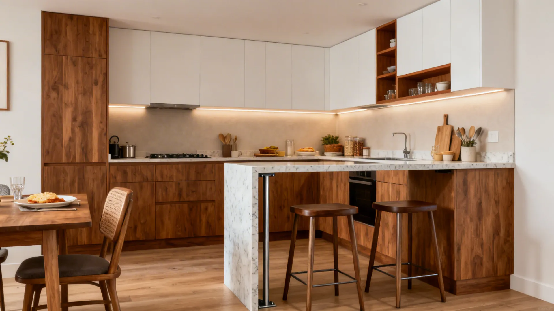 Small U-shaped kitchen with a slim peninsula and waterfall quartz overhang for seating.