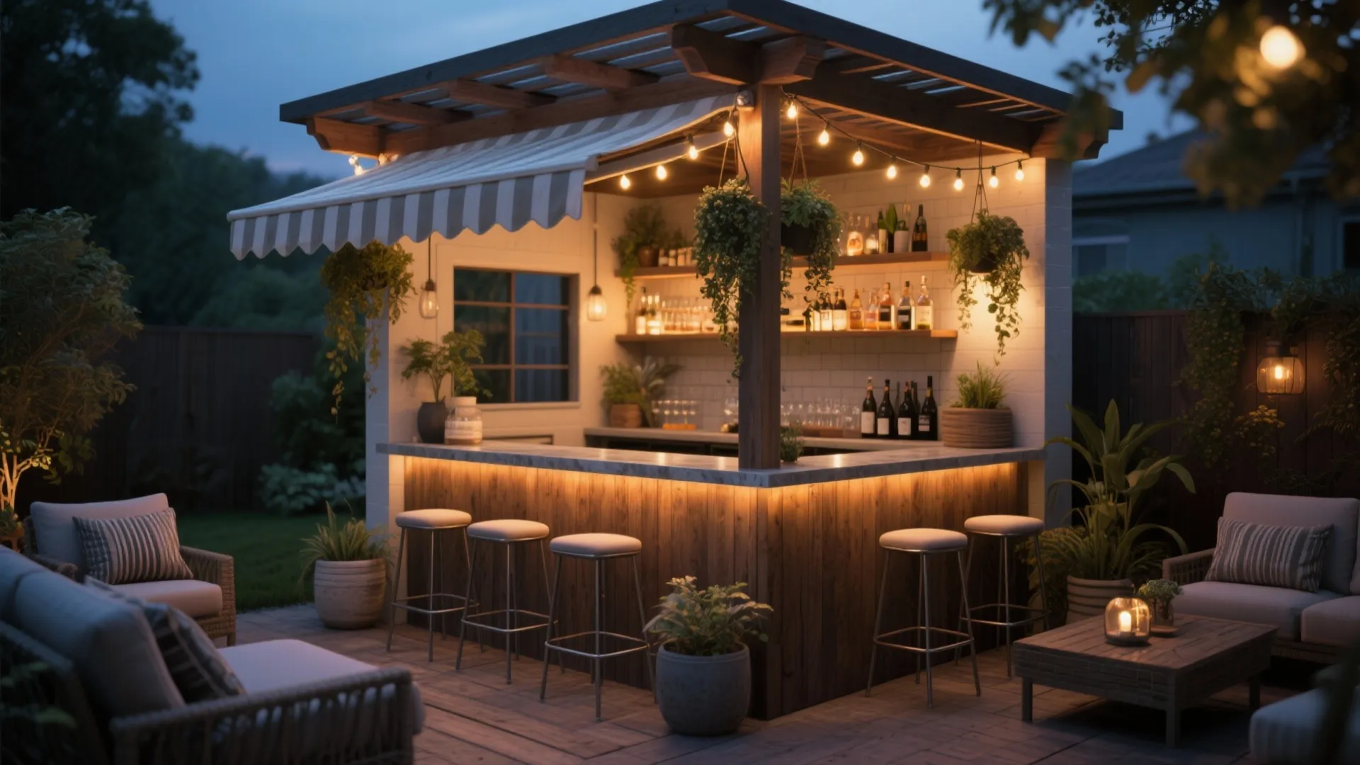 Outdoor wooden bar area with string lights bar stools and lounge chairs in backyard night