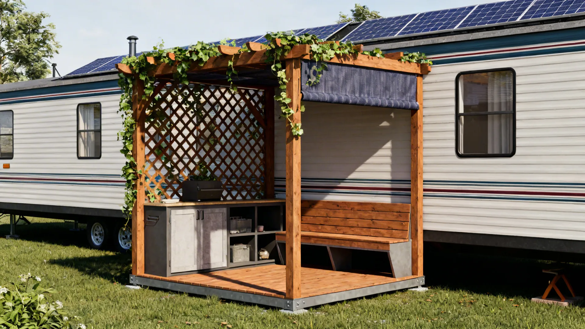 Compact pergola attached to a mobile home with lattice roof and climbing vines.