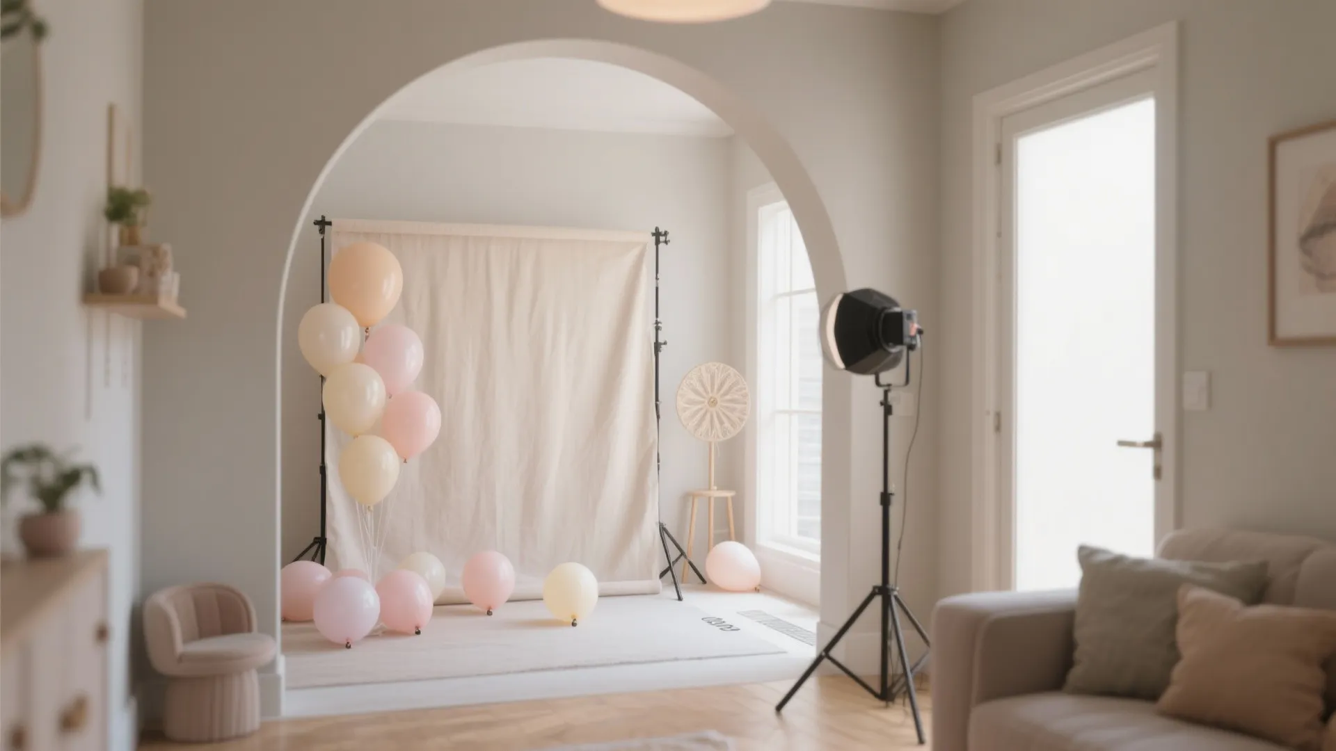 Photo studio setup with a white backdrop stand light fixture archway and pastel colored balloons