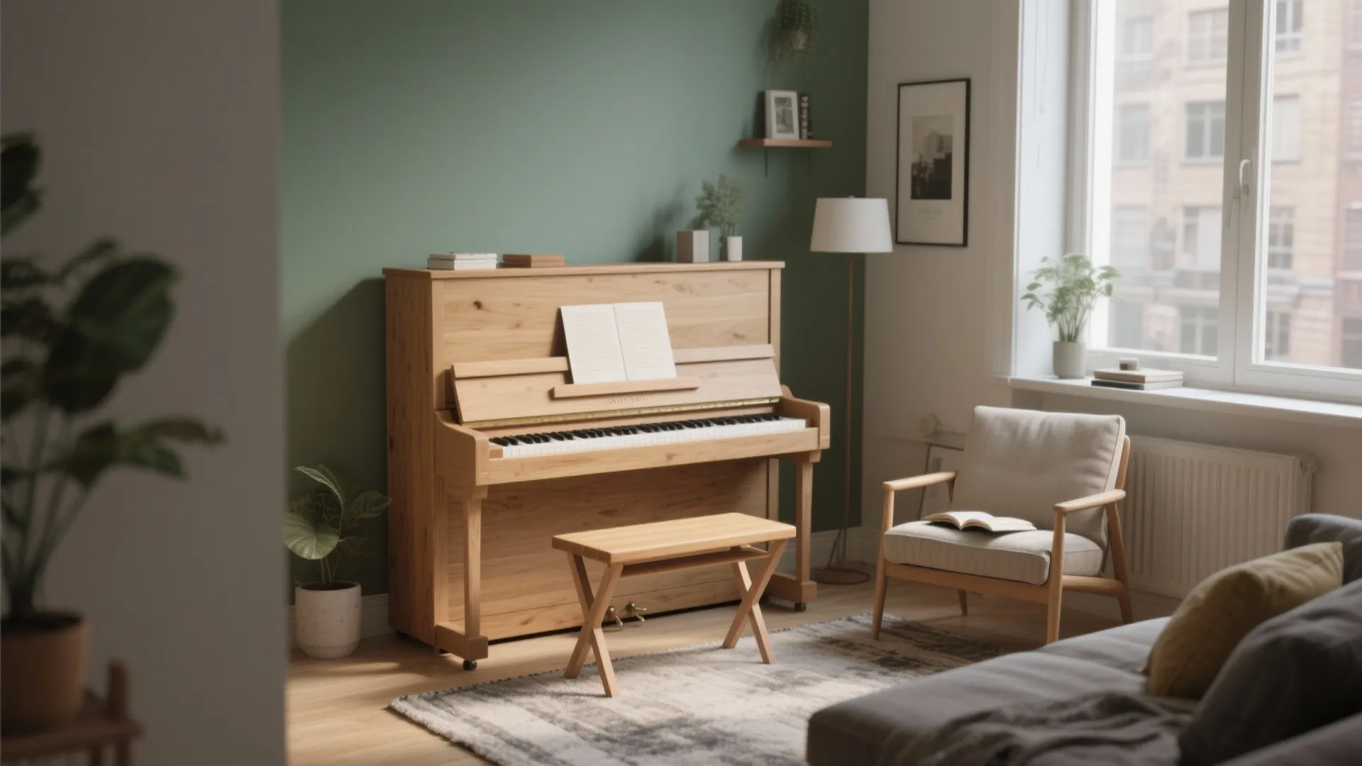 Light wood piano in living room with green wall window grey sofa and floor lamp