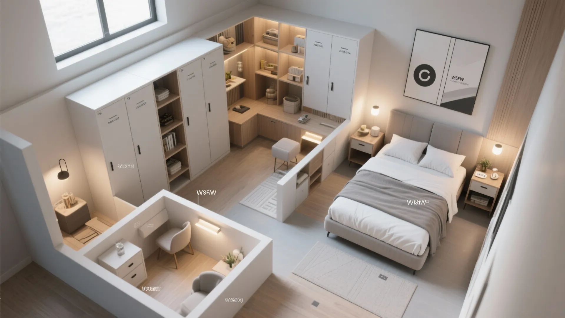 Interior design drawing showing a compact bedroom layout with bed desk and white storage cabinets