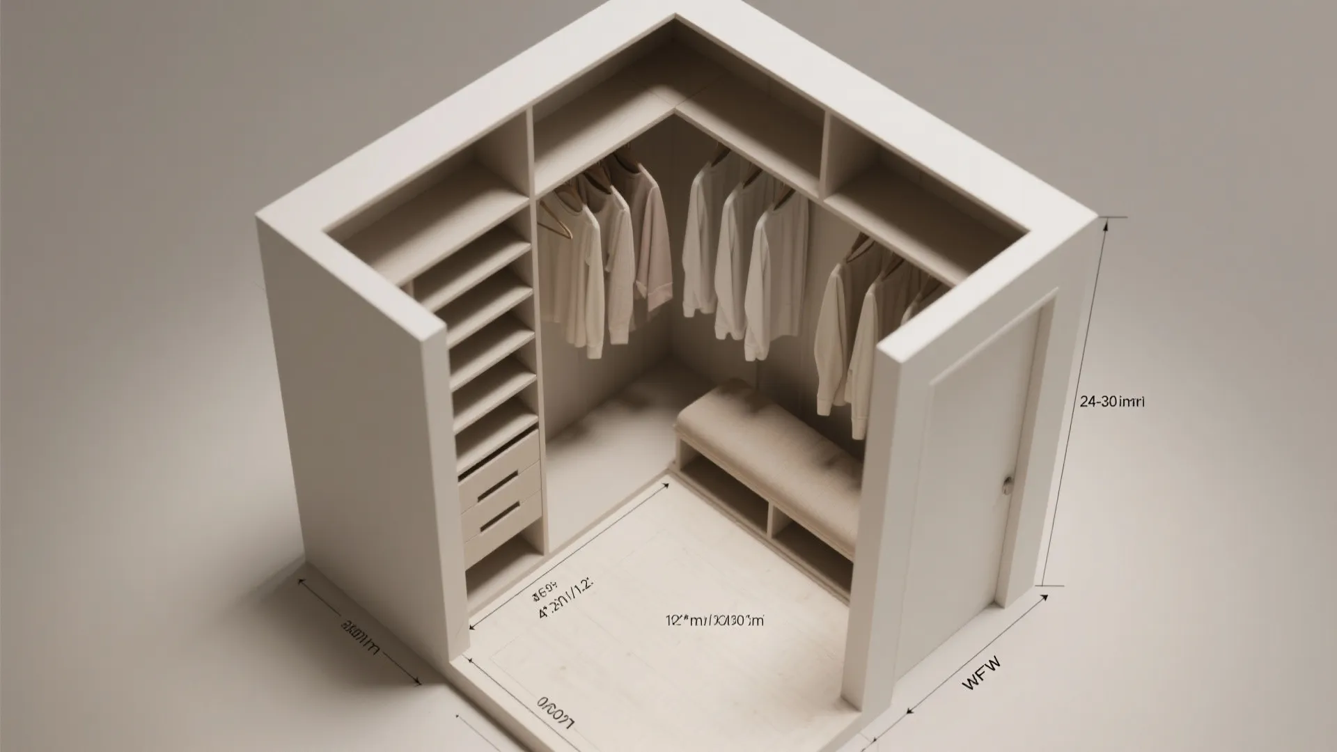 Small walk-in closet interior design drawing with white shelves hanging clothes drawers and a footrest