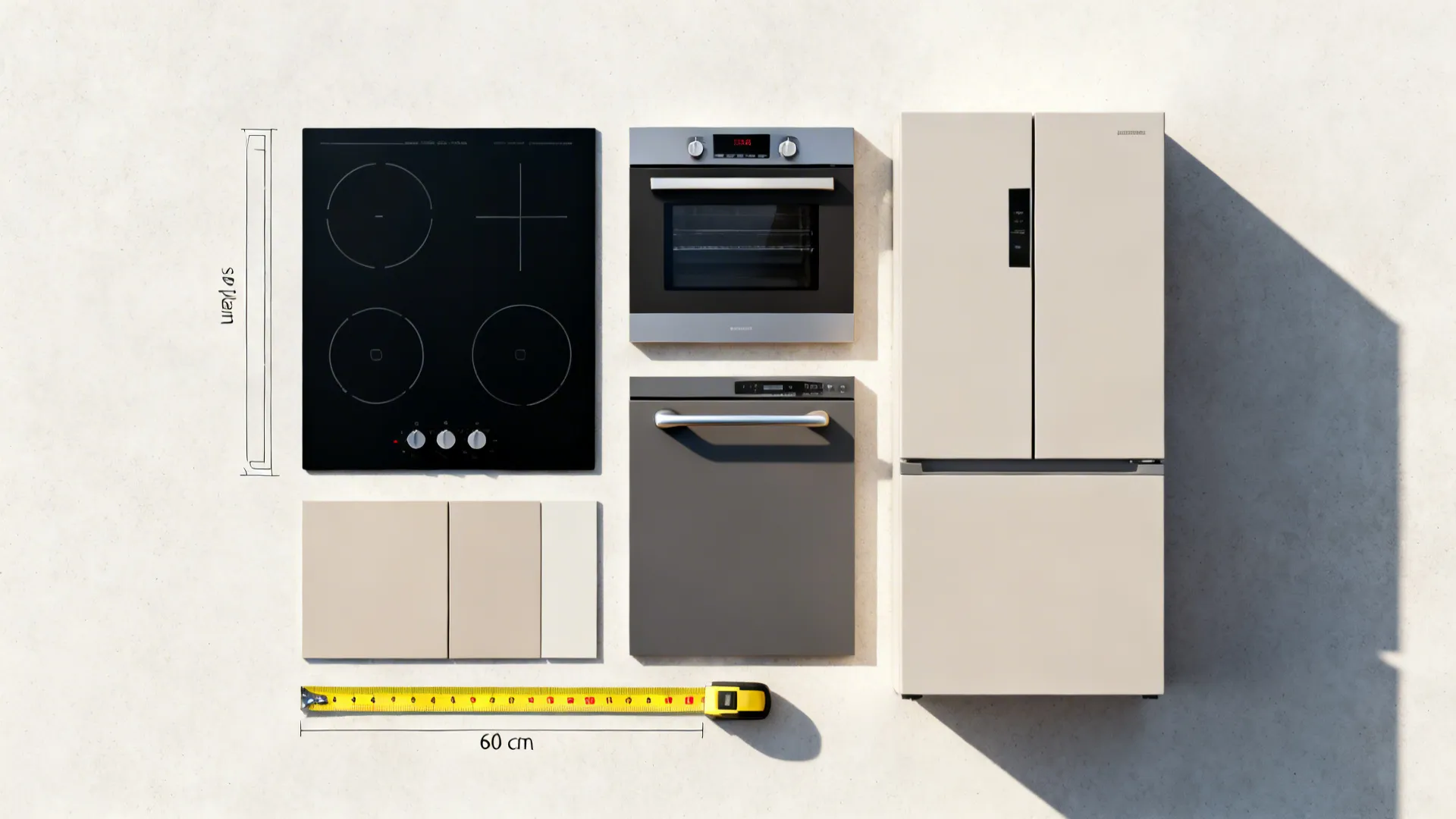 Flat lay of kitchen appliances including stove oven dishwasher and fridge with a yellow measuring tape