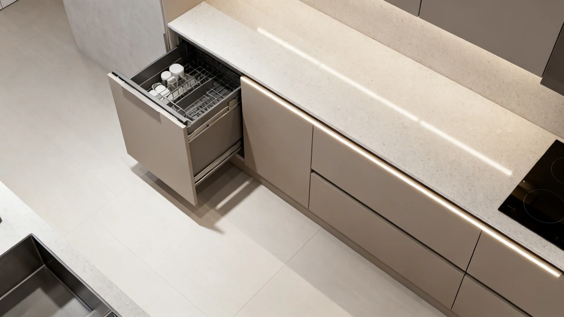 Handleless mica with tall pantry and pull-outs