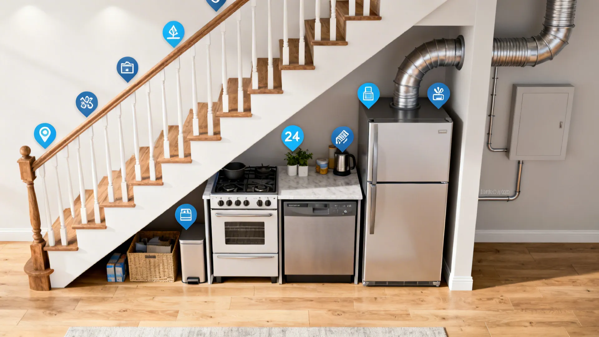 Top-down plan of compact appliances and vent path under stairs