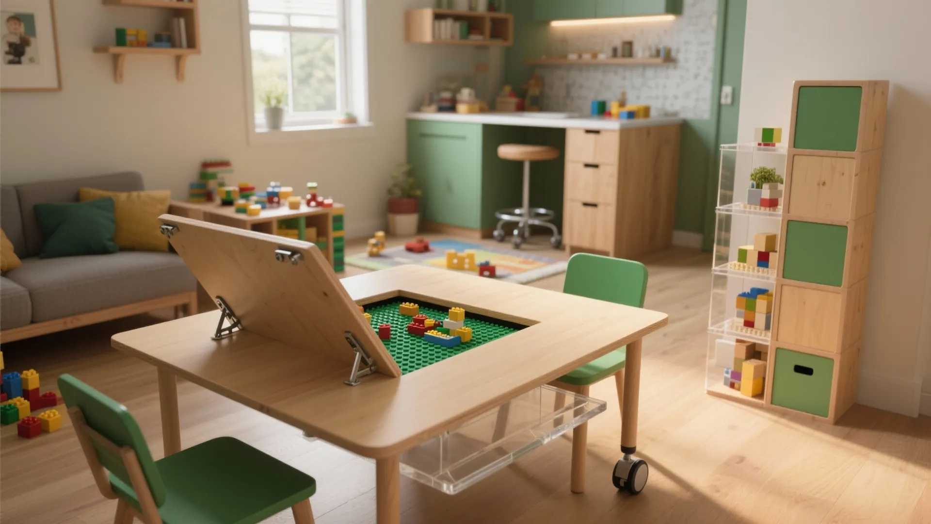 Wooden play table with a lifting top revealing a green base for toy building blocks