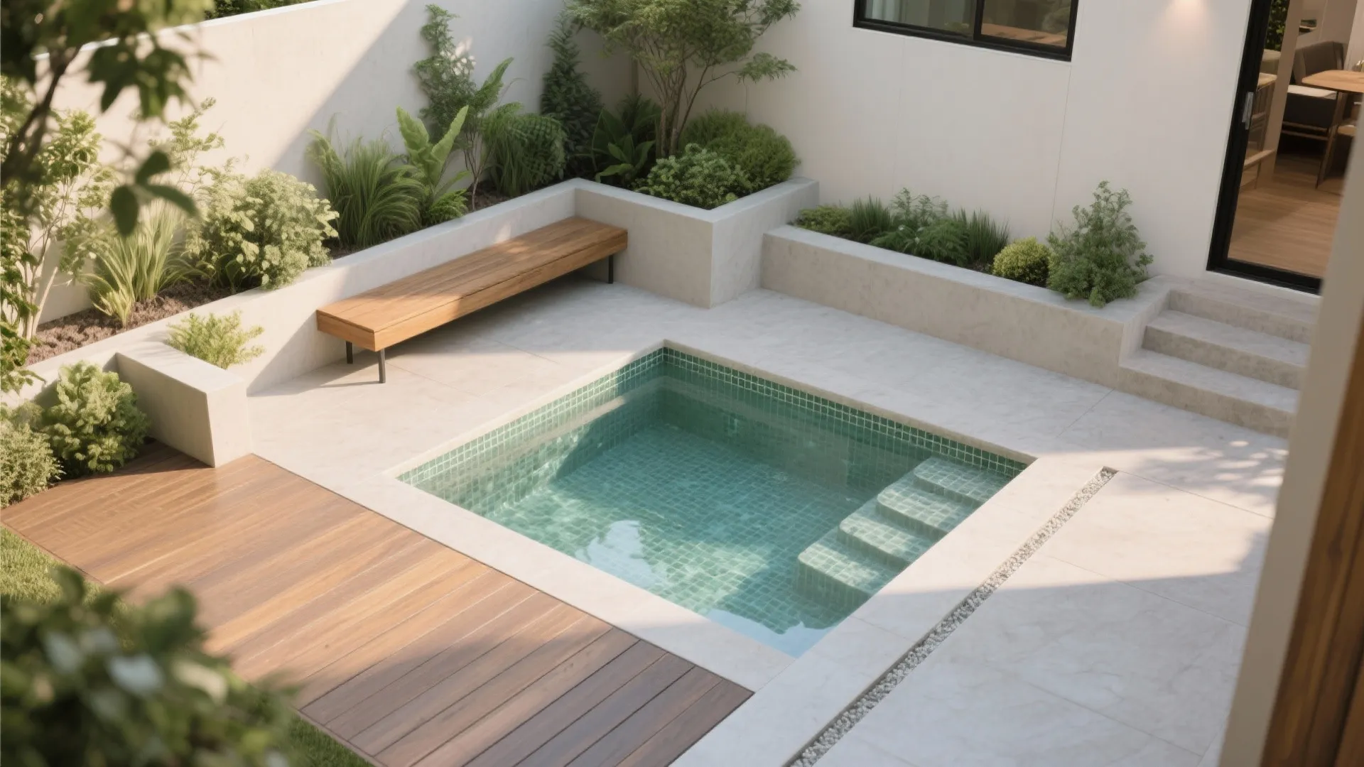 Modern backyard with small square swimming pool wood deck wooden bench and green plants outdoor