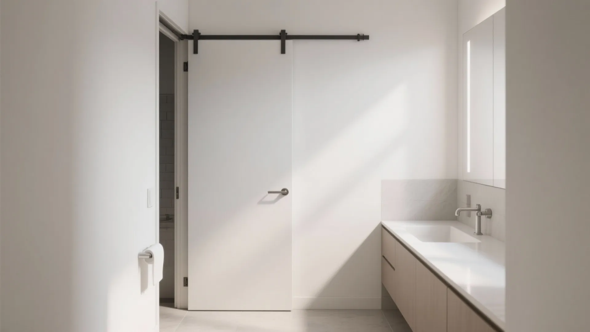 Compact pocket bathroom door retracts into the wall to free circulation space.