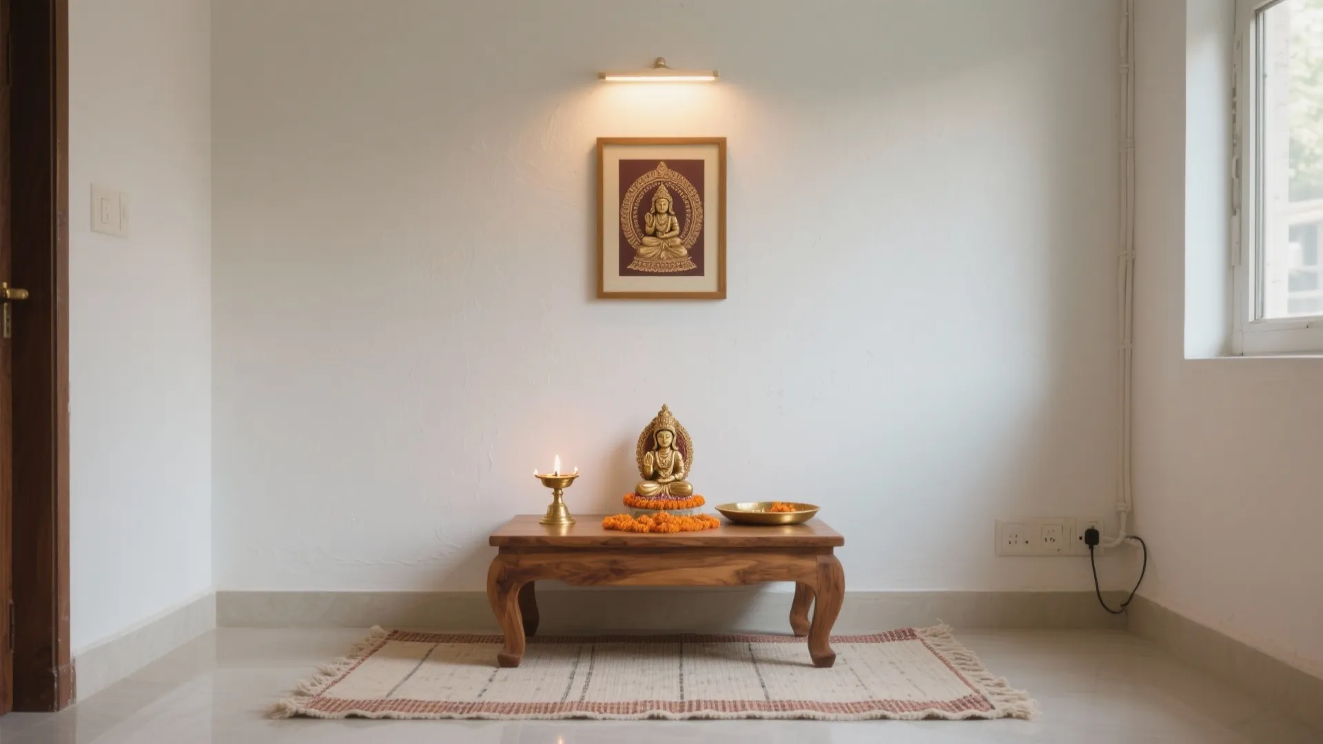 Small wooden table with golden statue and light fixture on white wall in simple room