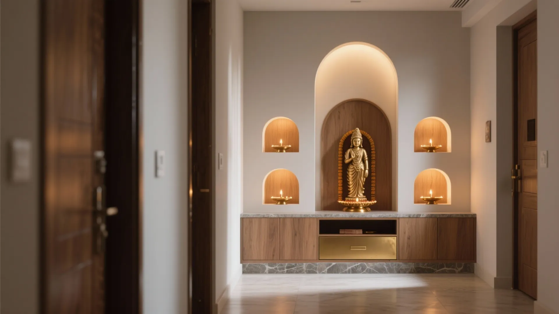 Golden statue in arched wall niche above wooden cabinet with small candles and warm lighting