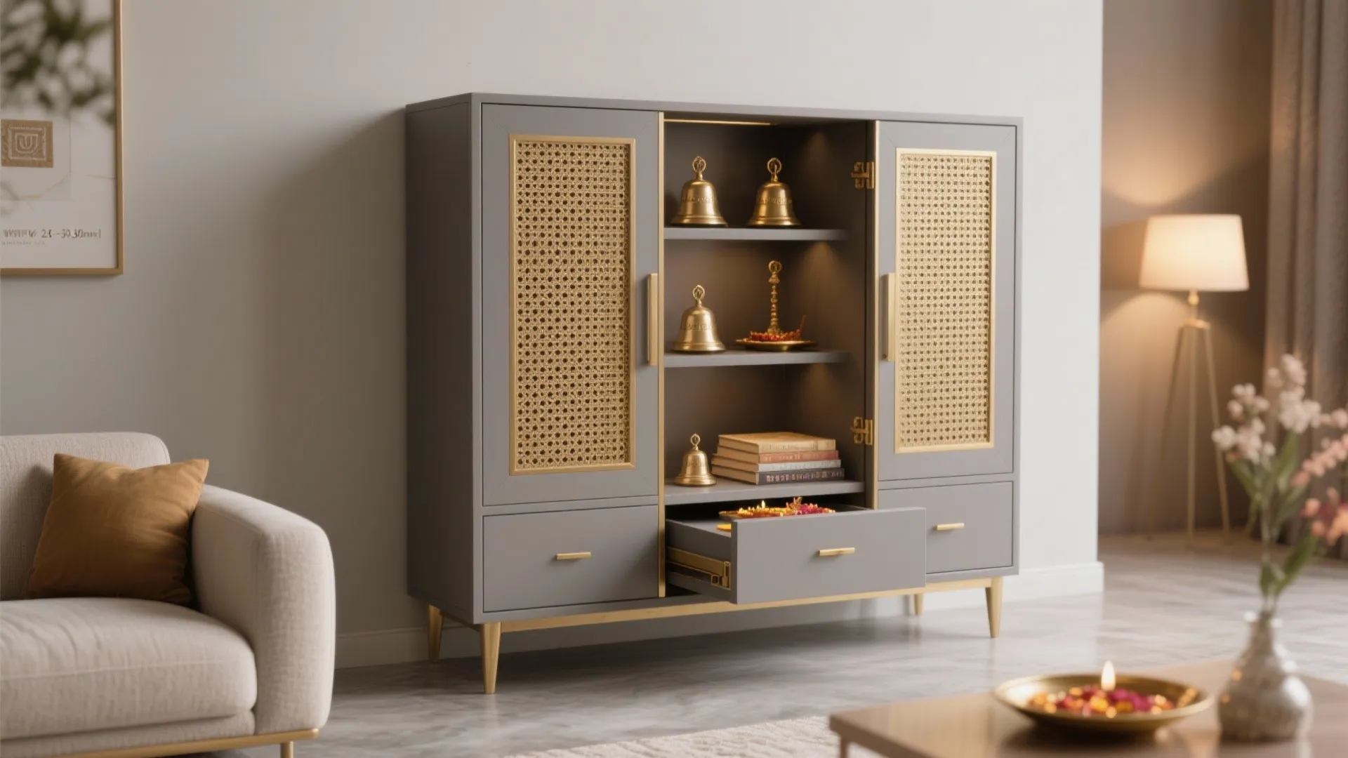Compact Pooja Cabinet with Bi-Fold Doors