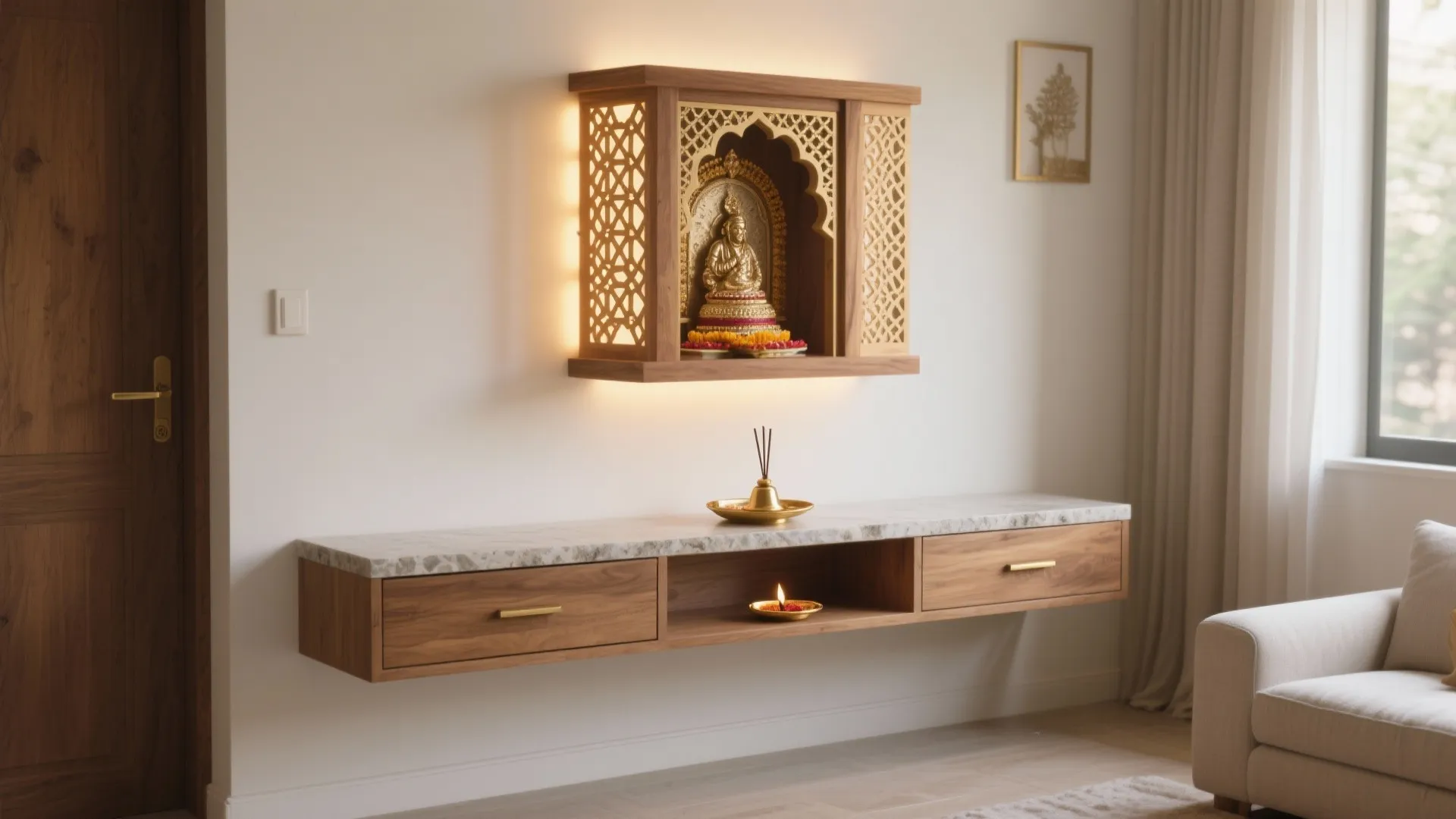 Wall mounted wooden prayer unit with gold statue above a floating cabinet with marble top