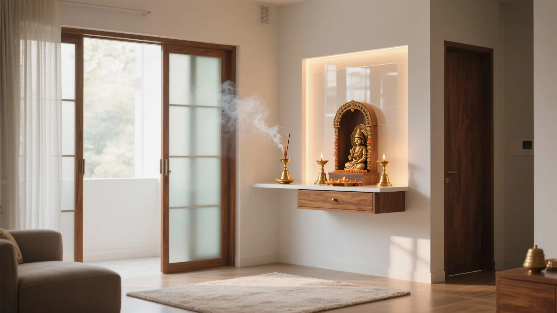 Floating wooden prayer shelf with gold statue lit incense and candles next to balcony door