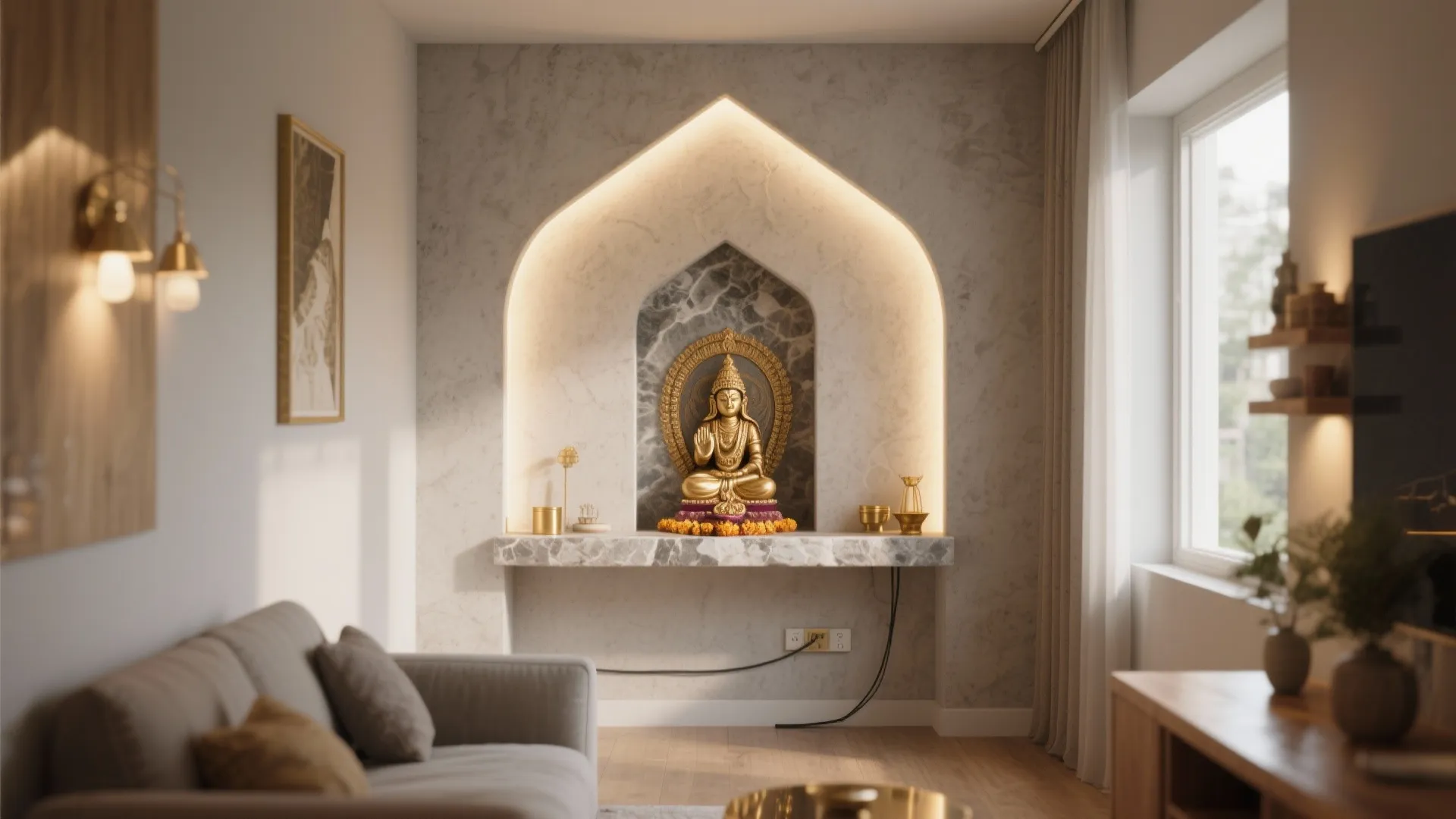 Golden statue in arched wall niche with warm backlight in modern living room with sofa