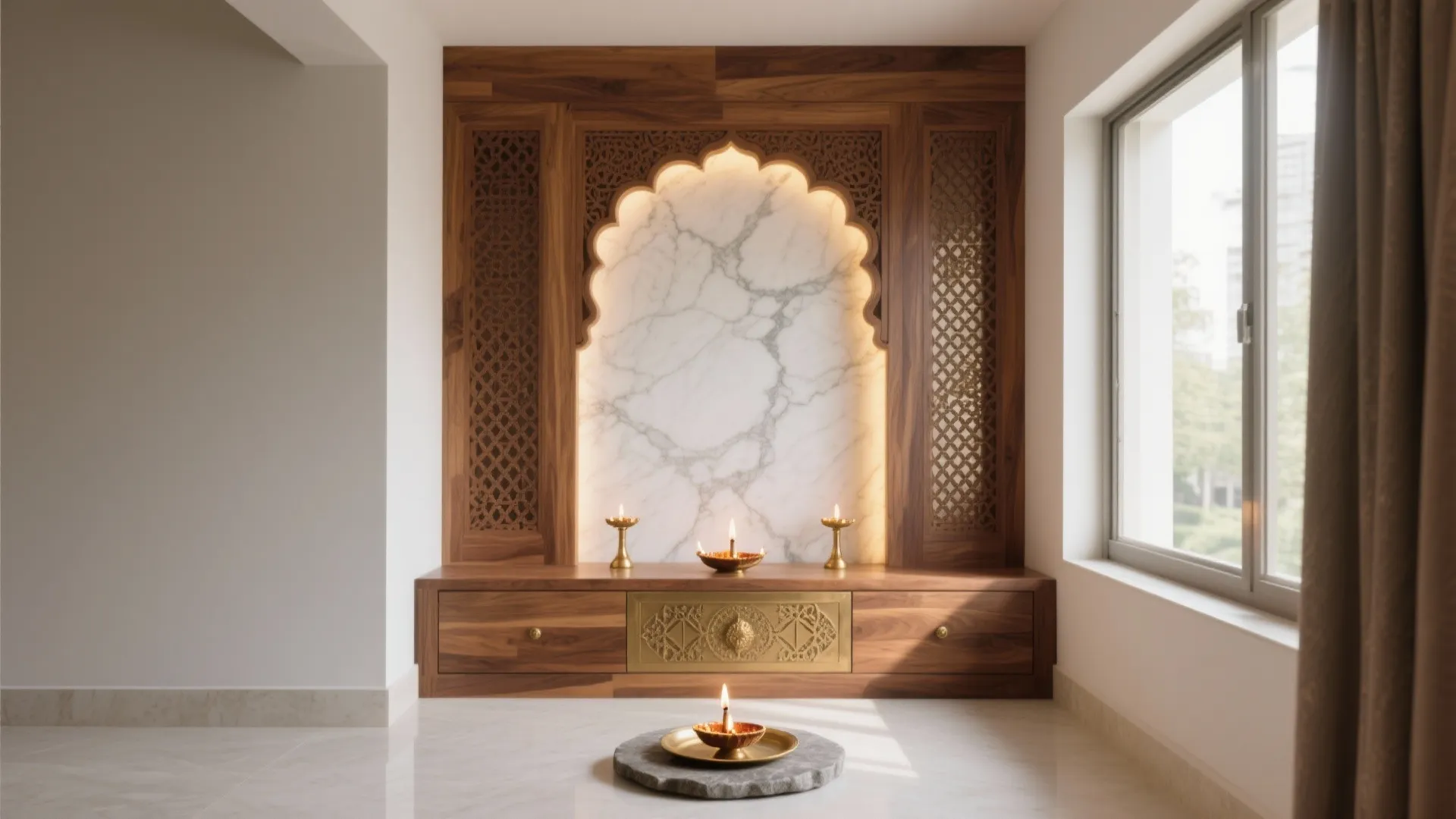 Small prayer room with wooden wall panels white marble arch back light and simple oil lamps