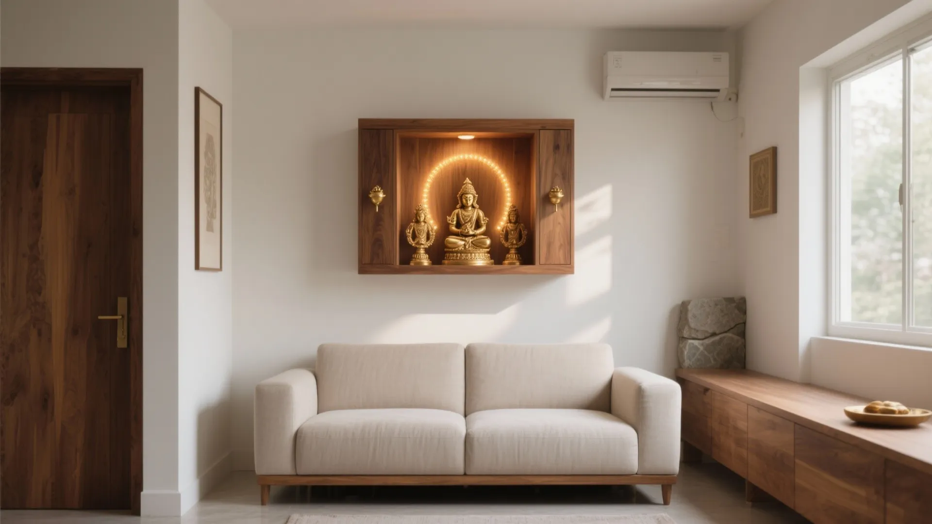 Modern living room featuring a white sofa and wall mounted wooden cabinet with gold statues