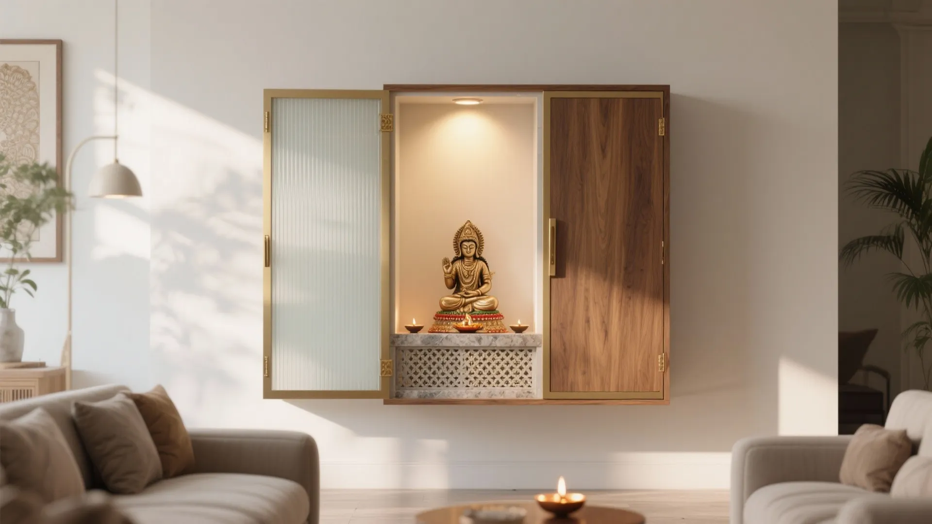 Small prayer room cabinet with wood doors and glass panels showing a golden statue inside