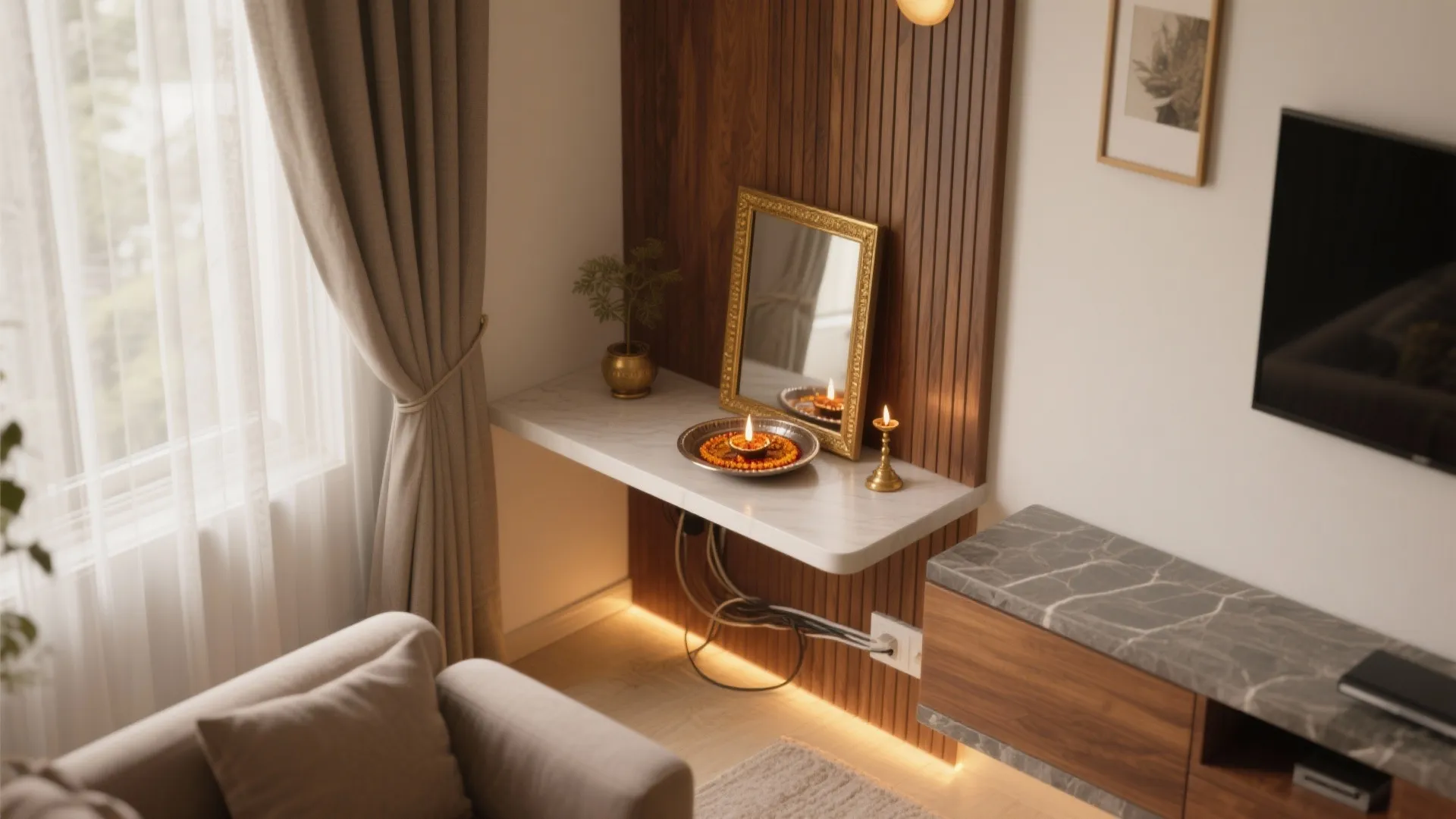 Small prayer area with marble shelf mirror wooden wall panel grey curtain and warm hidden lighting