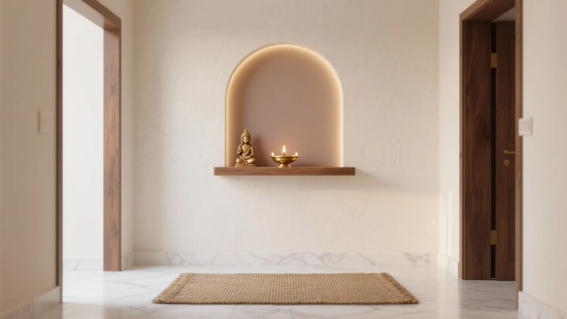 Minimalist altar with Buddha statue and candles in arched wall shelf inside a white room