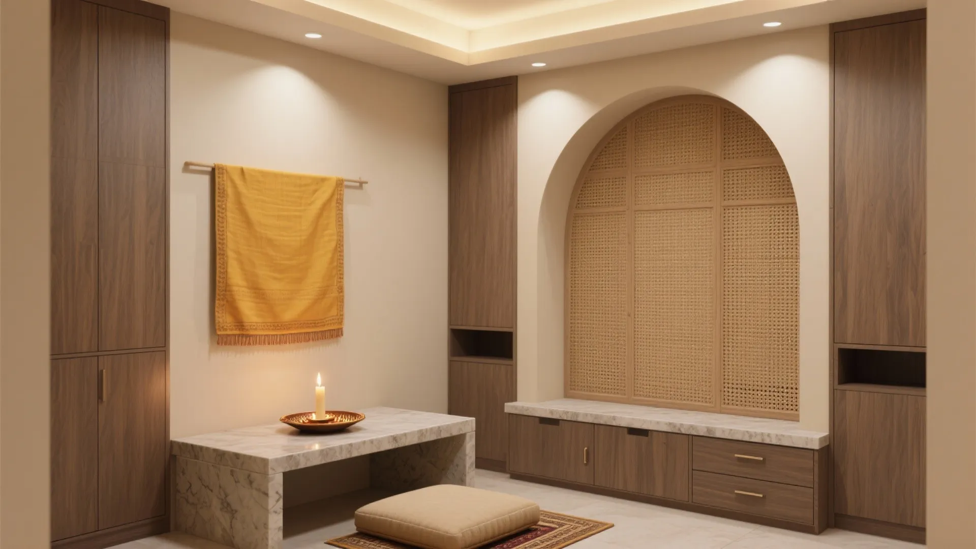 Modern prayer room with wooden cabinets marble table yellow cloth wall hanging and warm ceiling light