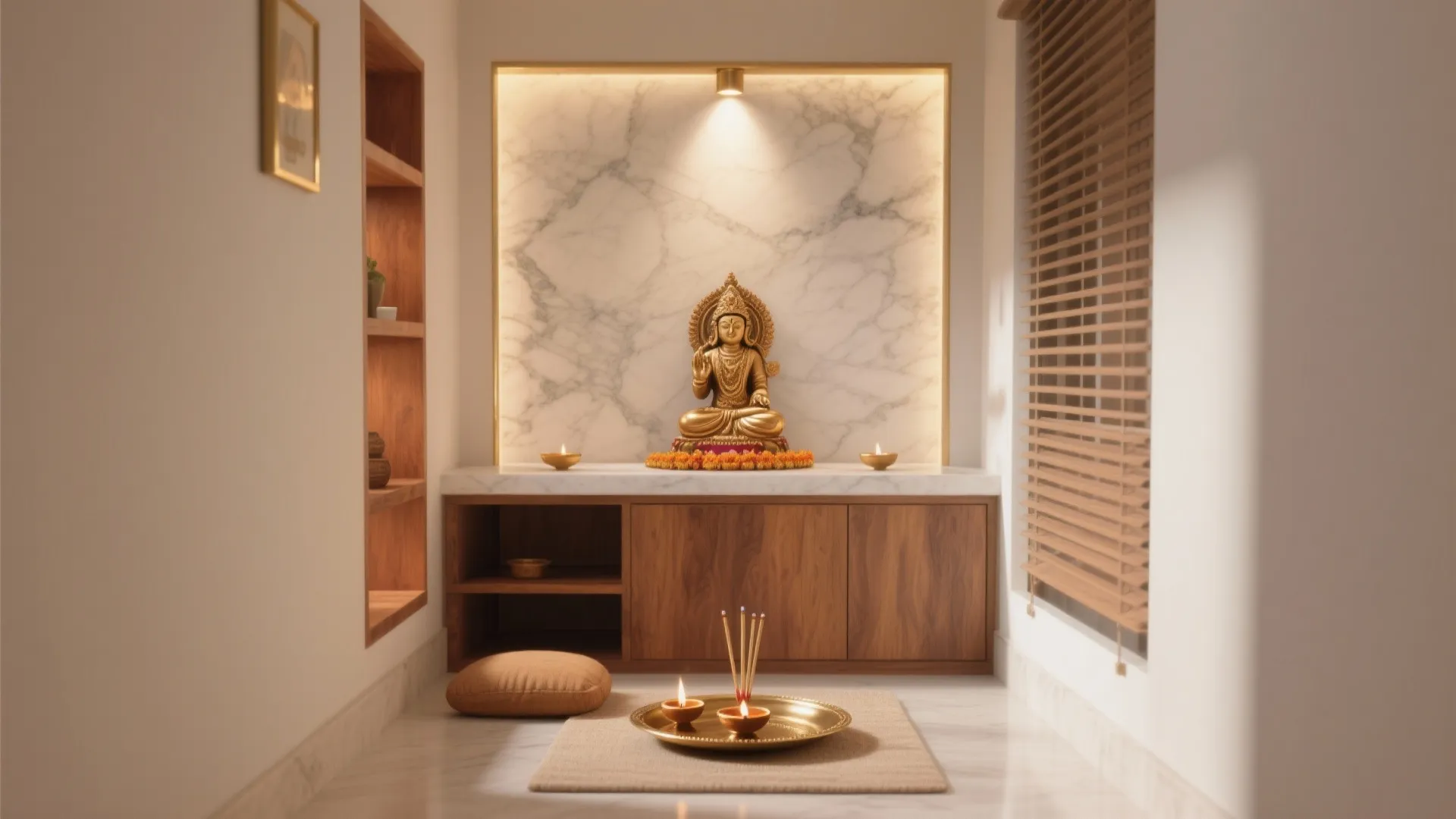 Prayer room with golden Buddha statue on marble wall plus wooden cabinet and floor mat