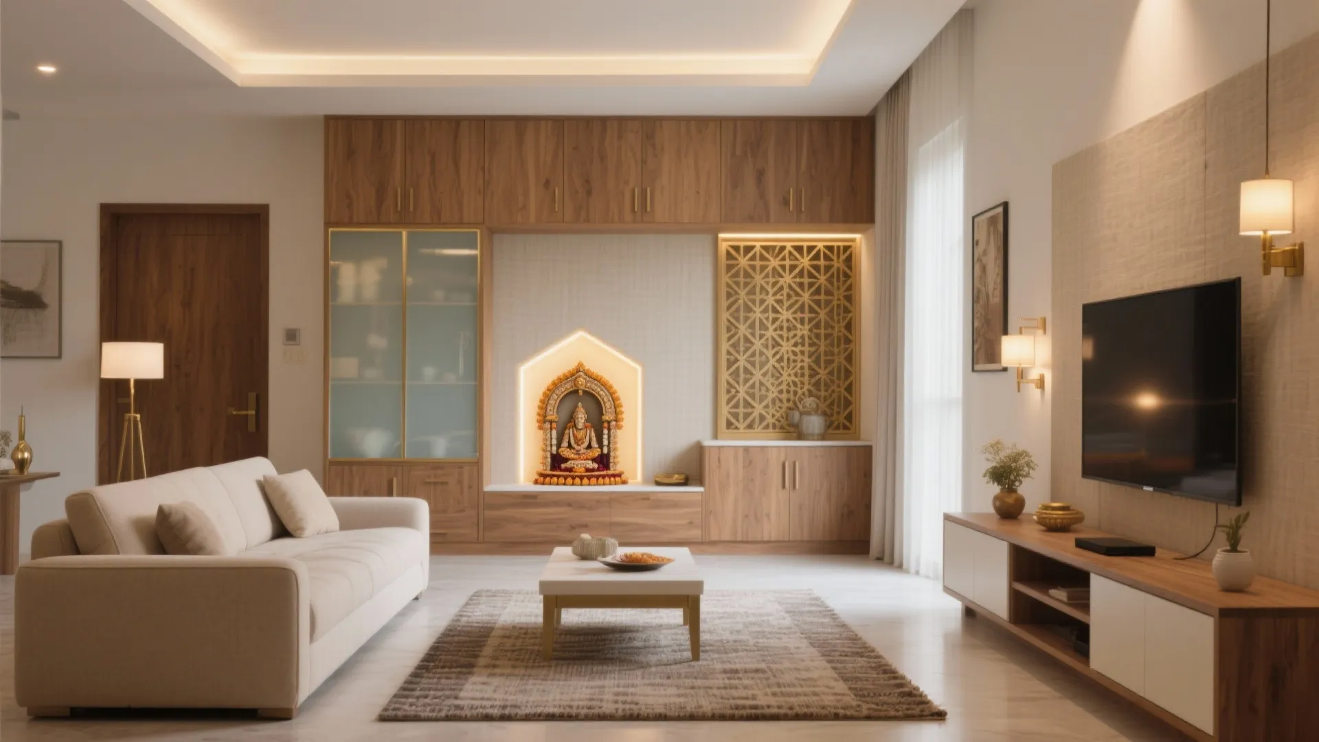 Modern living room with a white sofa wooden cabinets wall light and a small altar