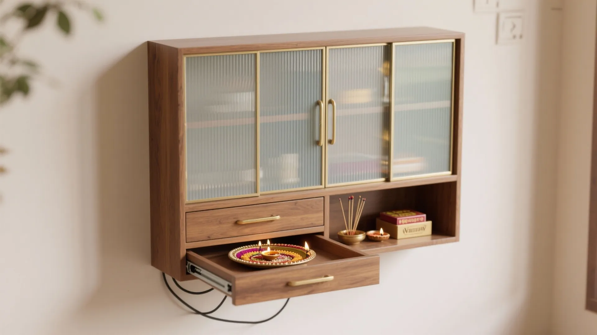 Wall mounted wooden cabinet with glass doors drawers and incense sticks for small home prayer area