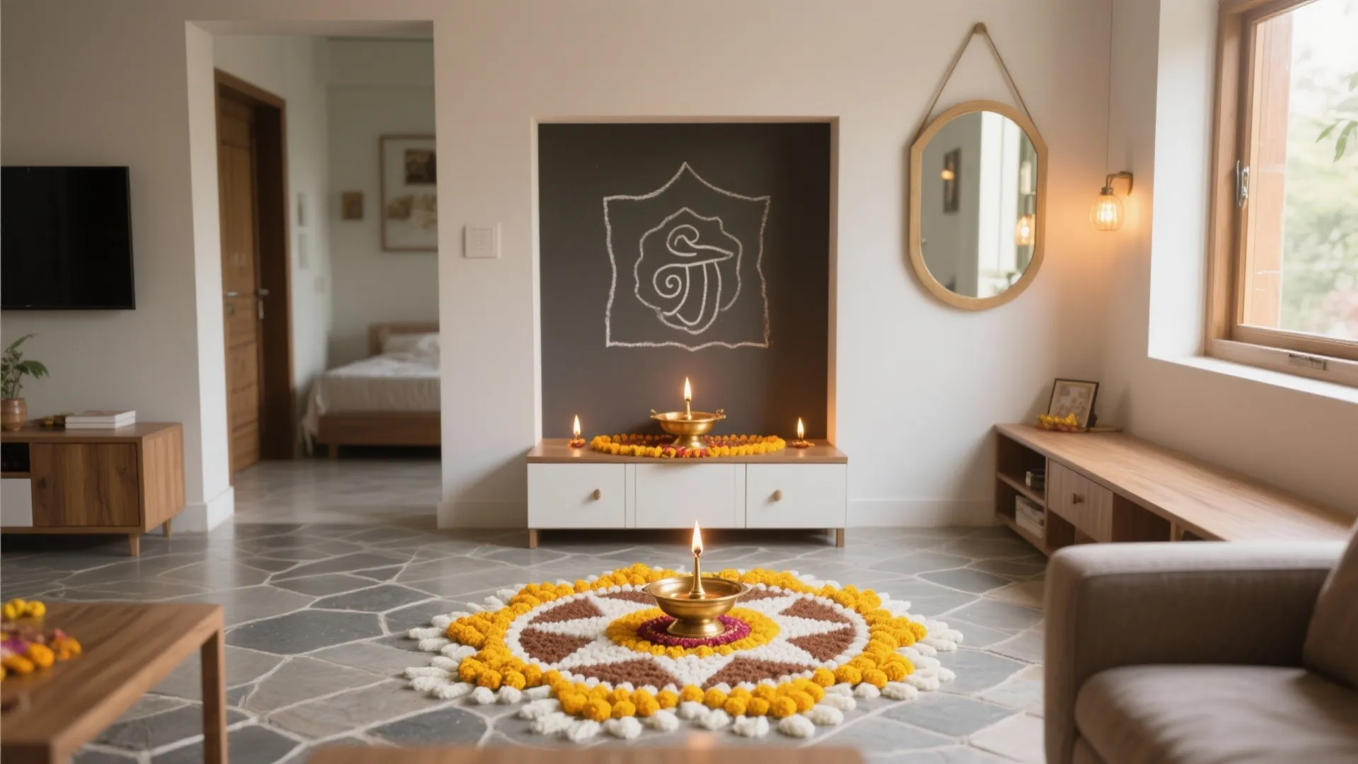 Indoor space with stone floor yellow flower pattern small white cabinet mirror and wall light