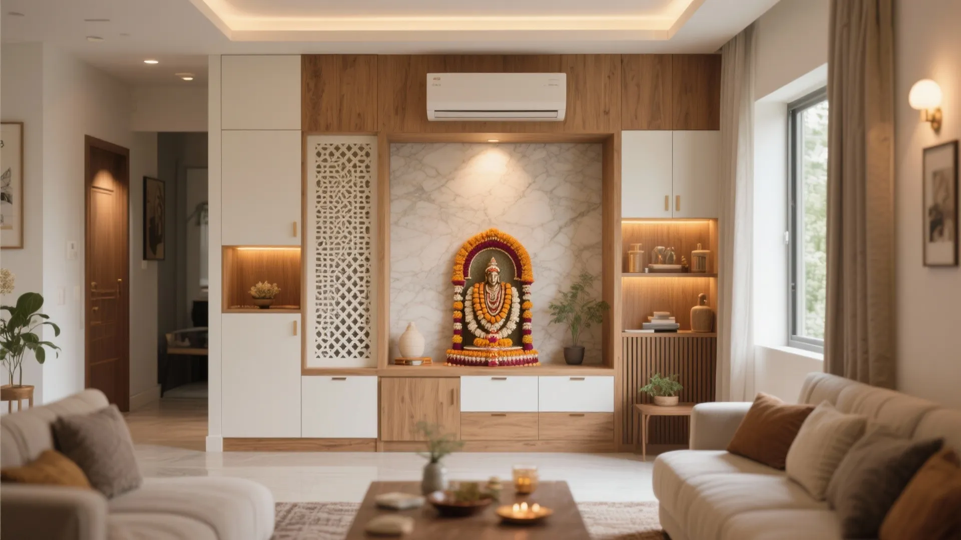Living room with wooden wall unit featuring a central religious statue and soft warm lighting