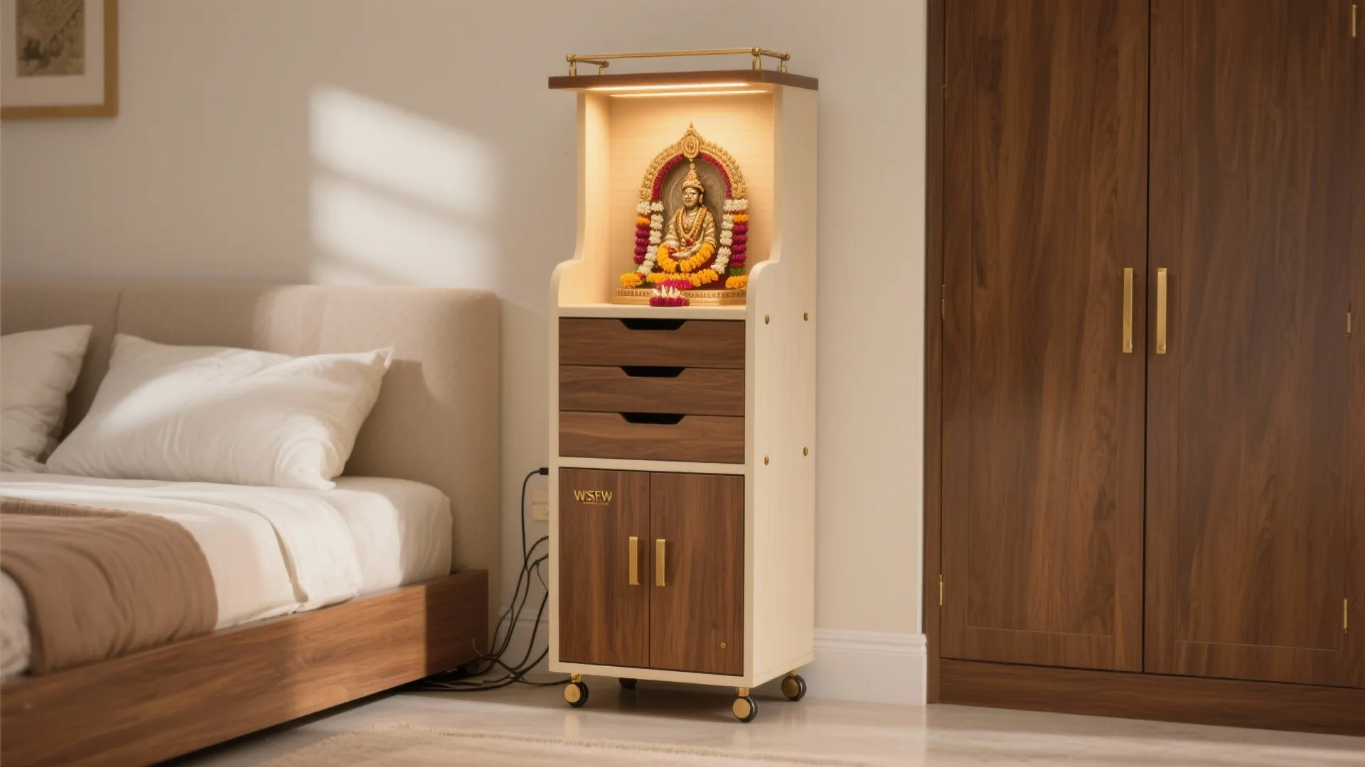 Compact pooja tower with drawer stack and safety features