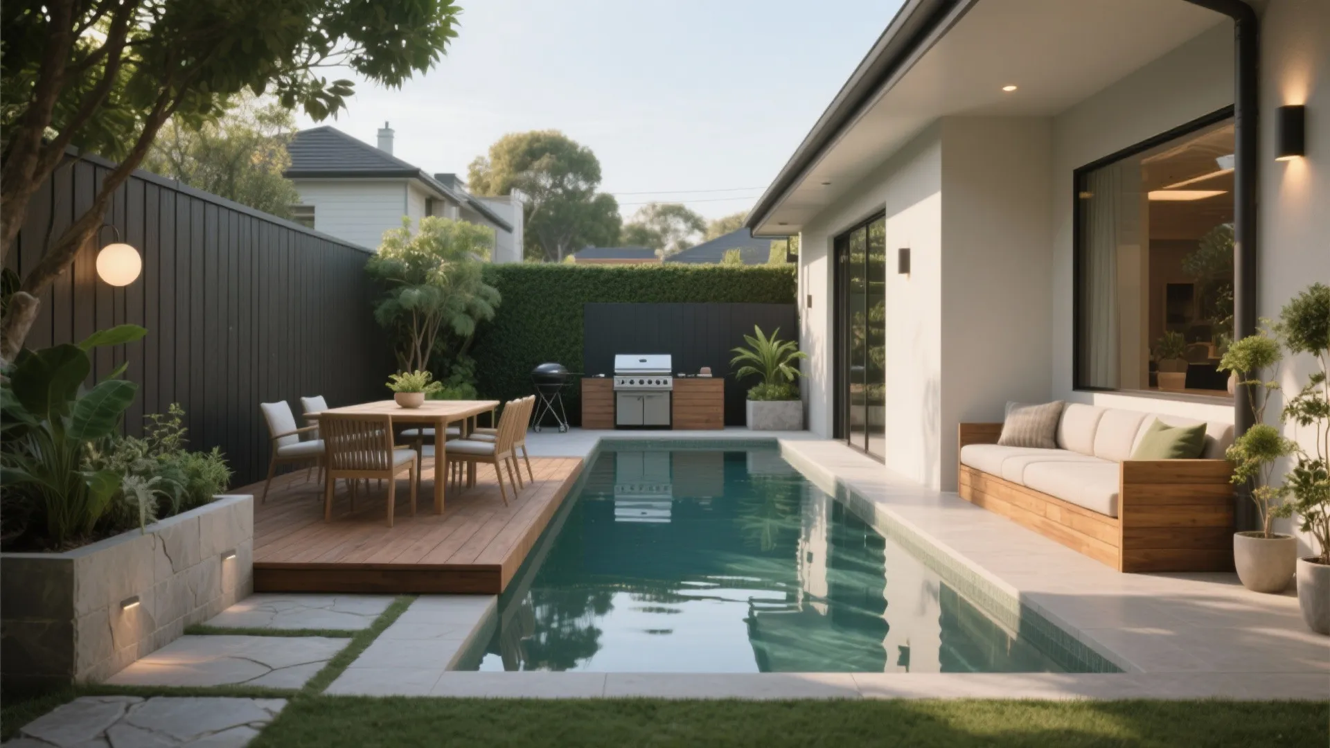 Modern backyard with swimming pool wooden dining deck sofa area and outdoor kitchen with a grill
