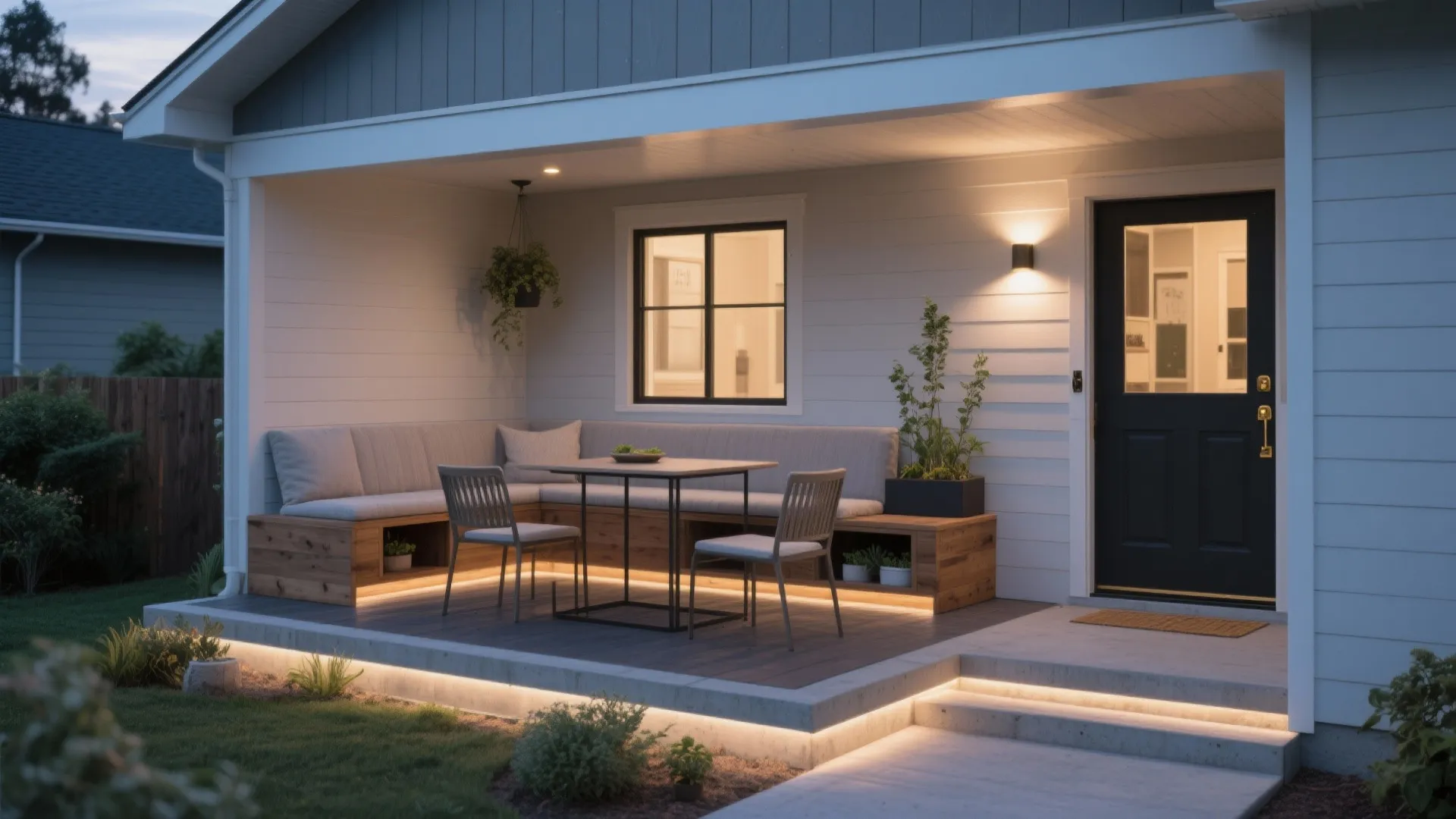 Modern outdoor porch with wooden seating, dining table, wall lights, warm floor lighting, and plants
