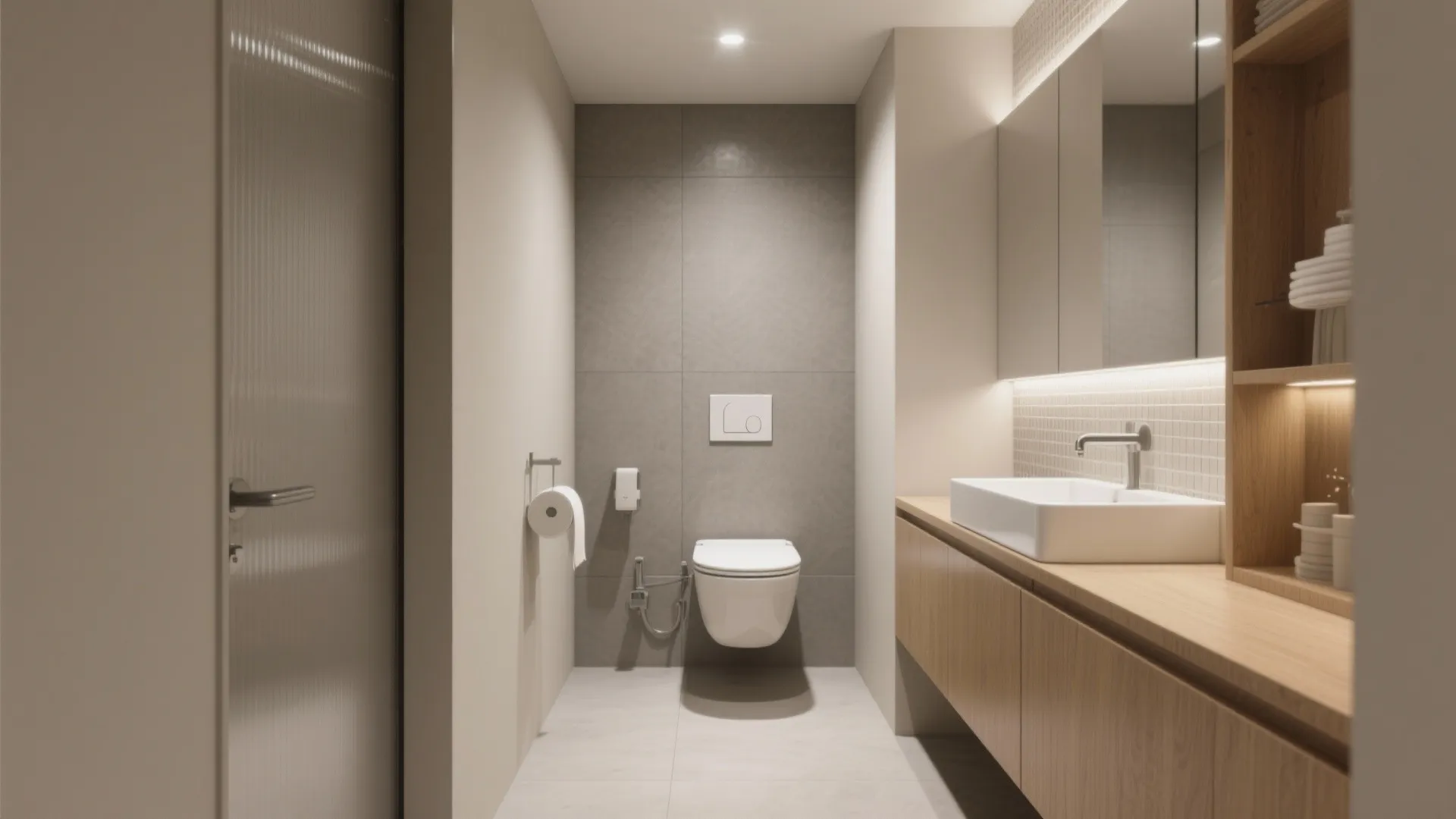 Small powder room with wall-hung toilet and compact basin beside the main bathroom.