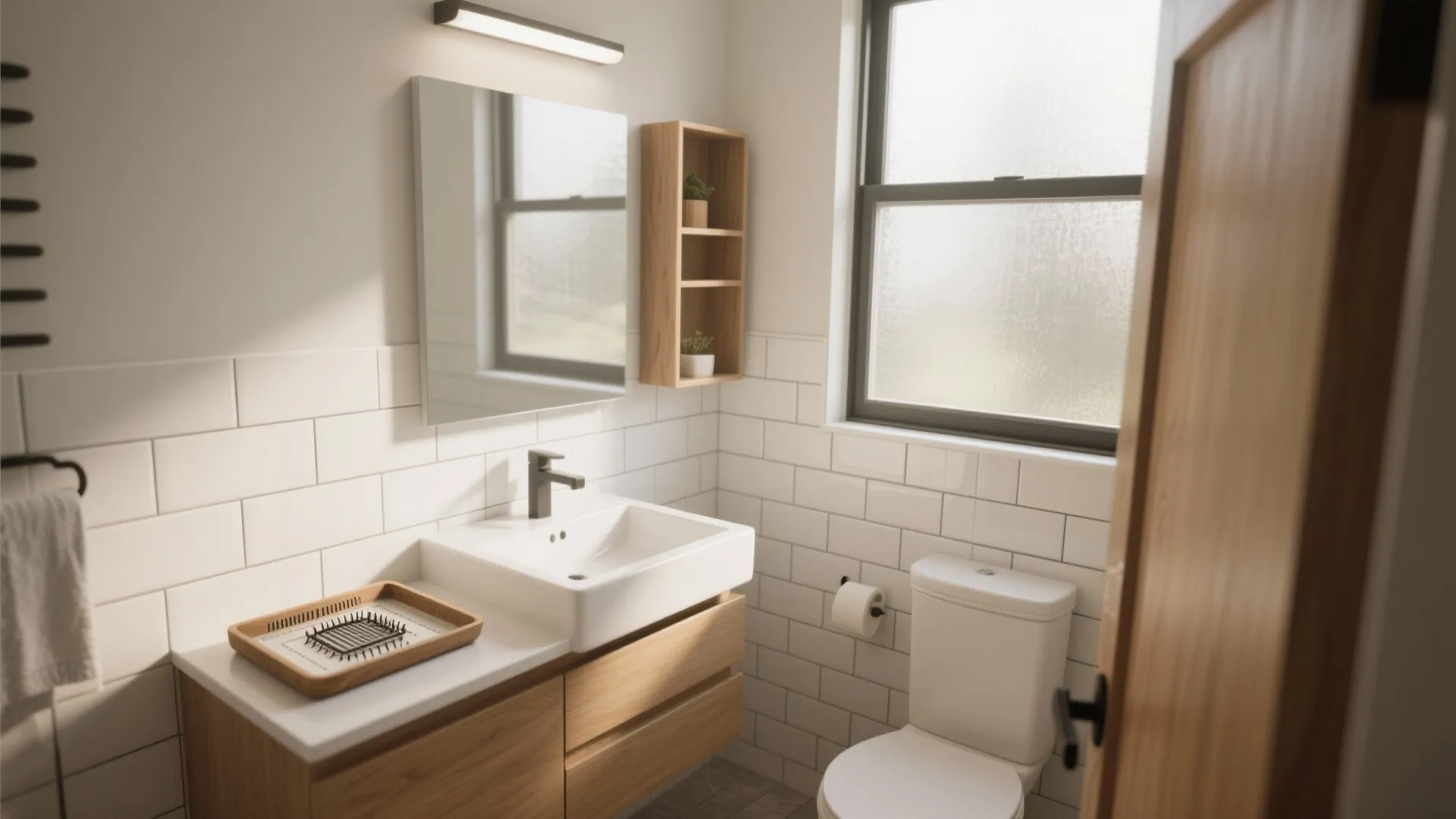 Modern small bathroom with white wall tiles wooden cabinet white sink toilet and natural light