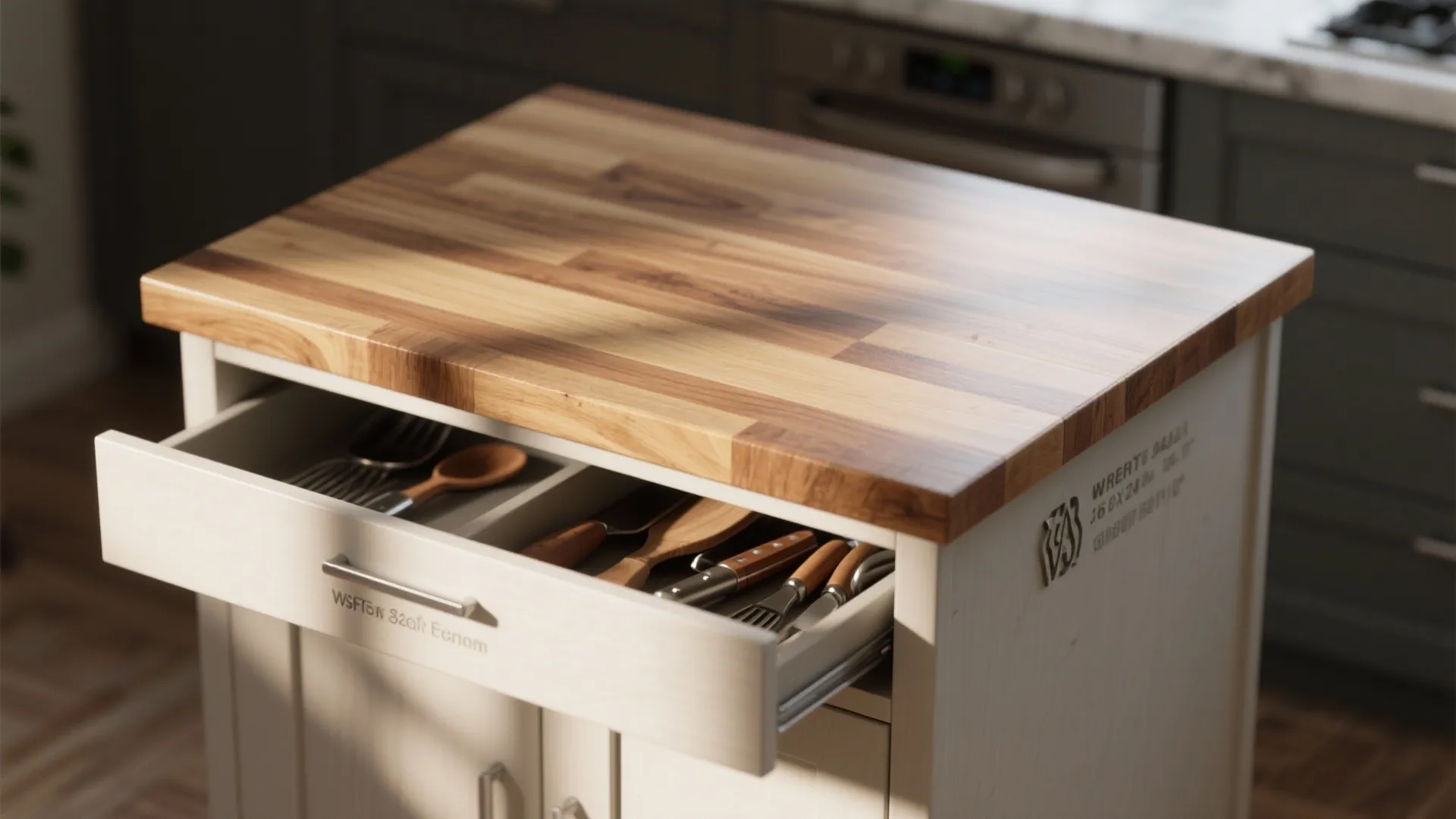 Close-up of a compact butcher-block prep island with open cubby storage and utensils.