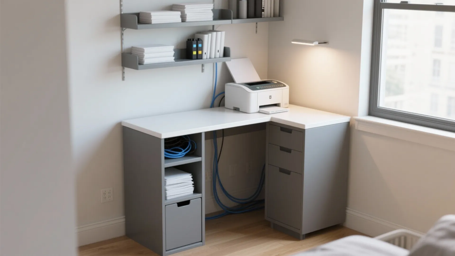 Modern grey home office desk with white tabletop featuring a small printer and wall shelves