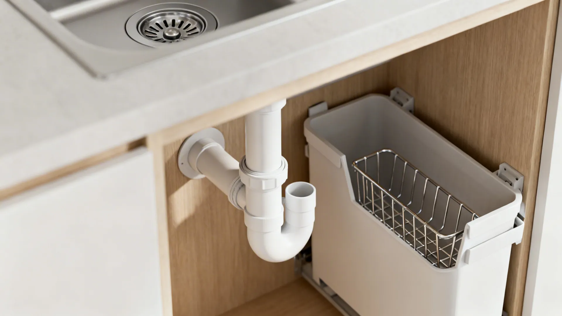 Macro view of a compact P-trap with a high-rise waste under a modern sink, freeing cabinet space.